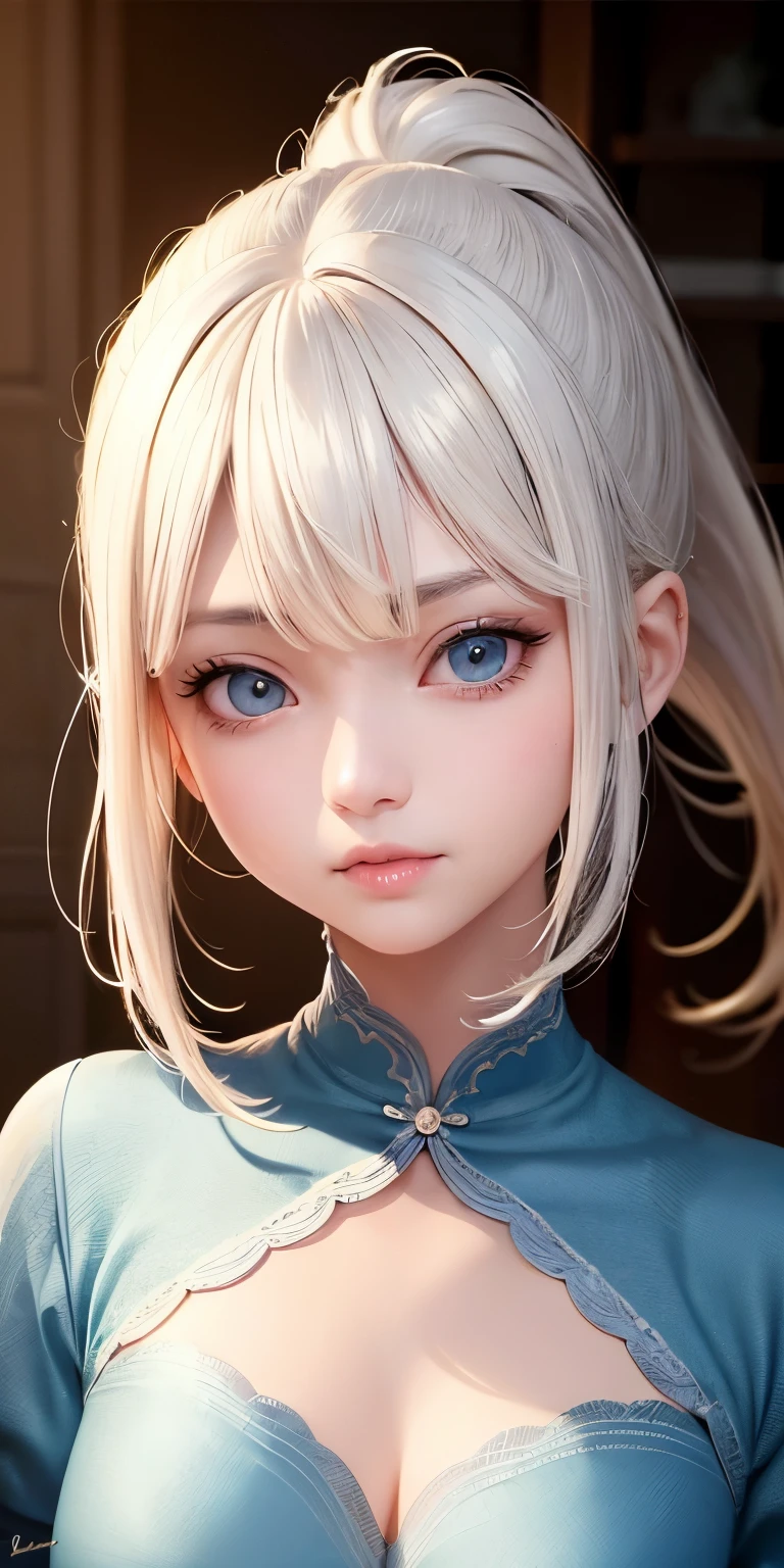 one person１８Beautiful woman of age、Moisturizing and beautiful eyes、ciri、picture、oval jaw、delicate features、beautiful expression、beautiful blonde hair、long bangs、long ponytail、Blue eyes with a beautiful glow、LDS Art,[[[[Close-up]]]]、[[[[chest]]]]、[[[[head]]]]、[[[[shoulder]]]]、perfect eyes、Perfect iris、perfect lips、perfect teeth、perfect skin、soft front light、glow、HDR、(calm color 1.2)