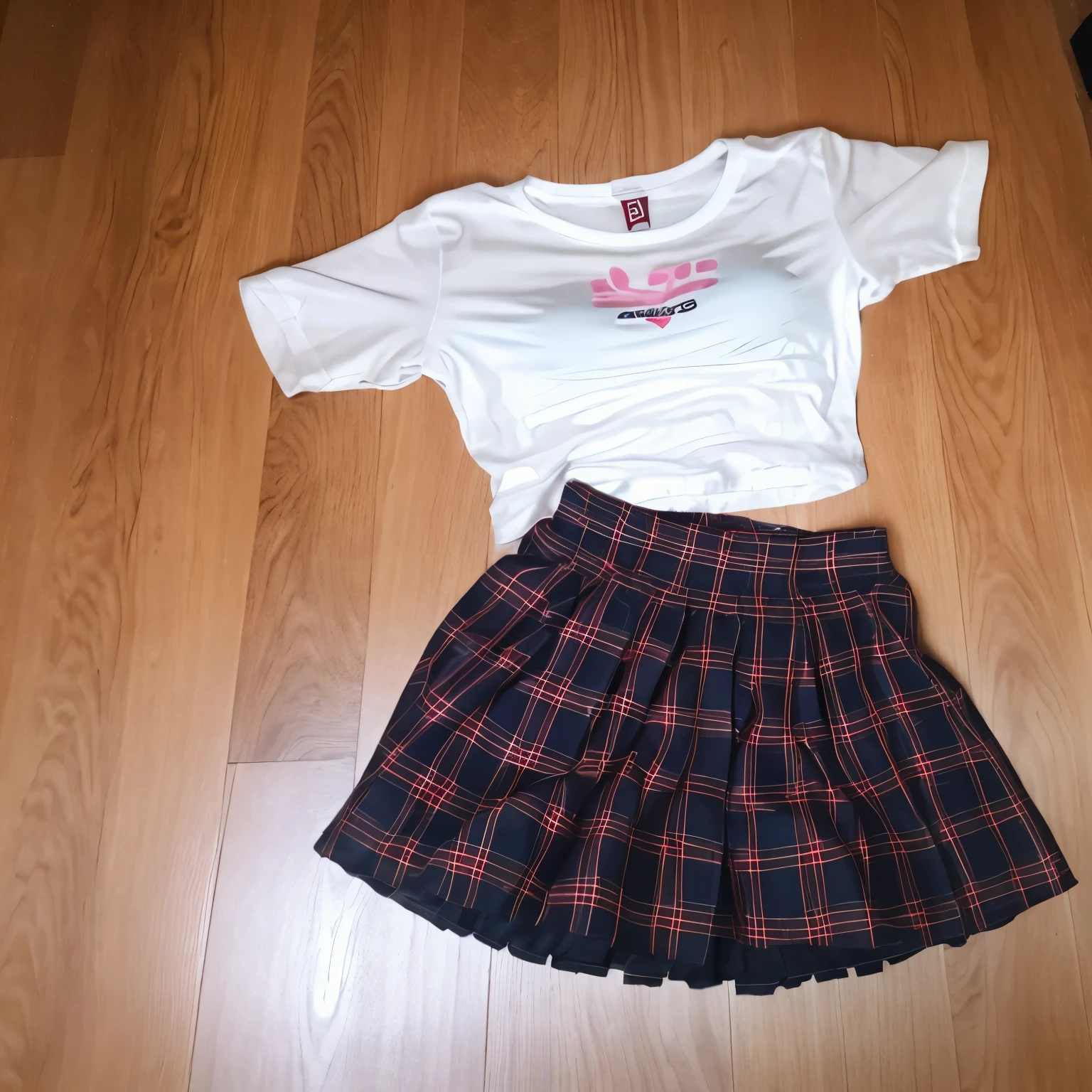 white t-shirts on floor, plaid skirt, (invisible, no humans, headless, faceless:1.5), cute big breasts