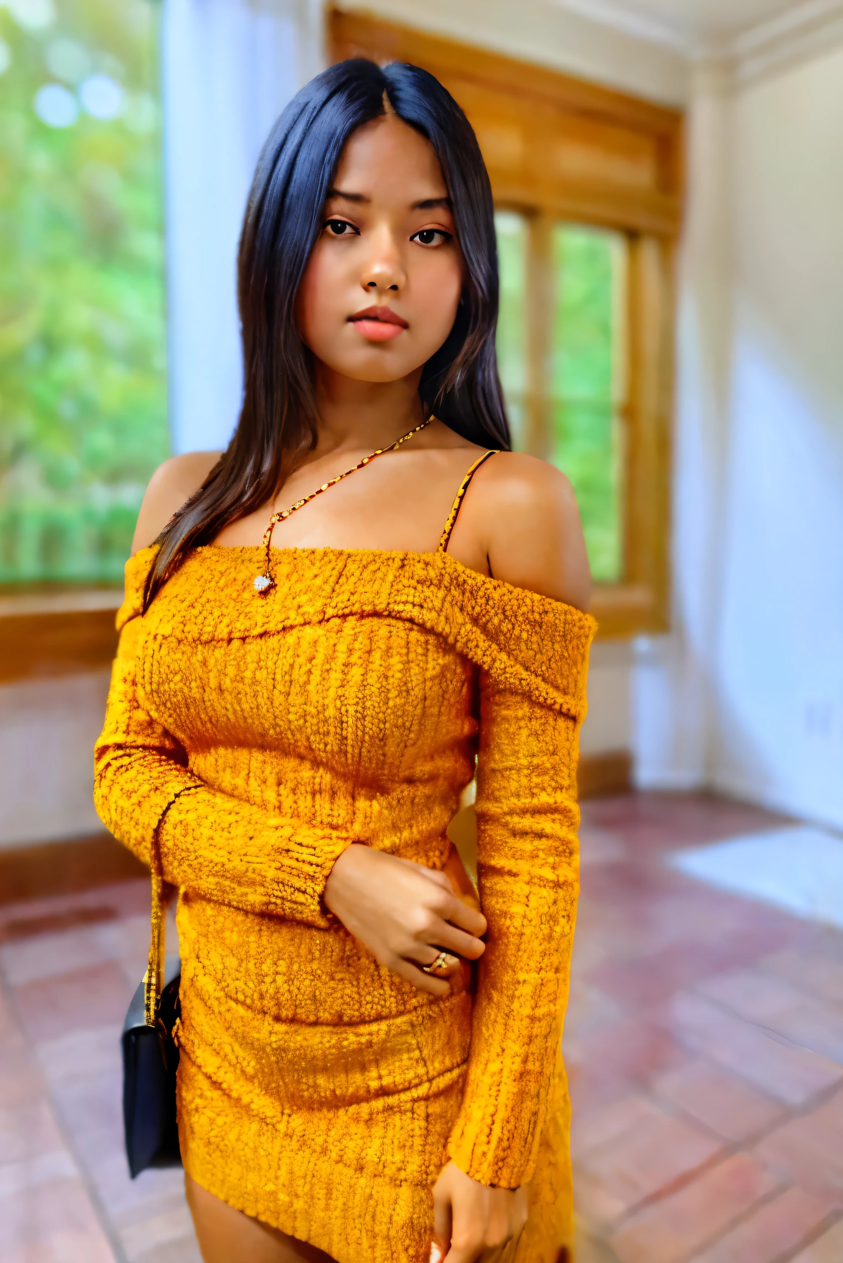1girl in, age19, Solo, pretty lady MoonLay, Long hair, Colossal tits, Looking at Viewer, blondehair, Bare shoulders, Brown eyes, jewely, Full body, a necklace, off shoulders, Sweaters, Realistic, A sexy