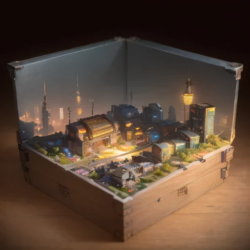 small realistic model, (bifurcation, original photo, best quality, masterpiece:1.4),SteampunkCyberpunk6920 City,(Cyberpunk light:1.3), Mards,horizon (related to land),(in a small nature box:1.3),Isometric, small nature, landscape on foundation,landscape,