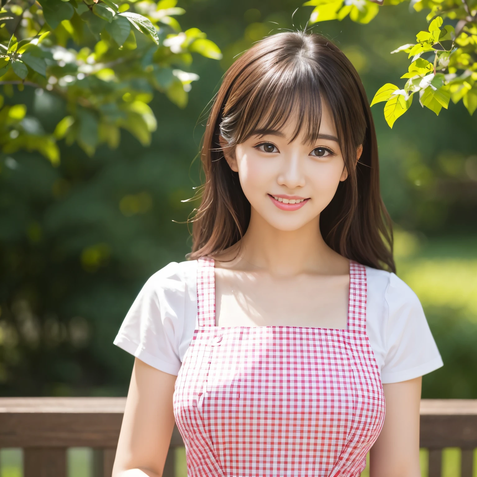 (highest quality、8K resolution、master masterpiece、professional photography)、(45 year old nursery teacher、Beautiful adult nursery teacher、mature female nursery teacher)、standing in the park、Portrait Photo、standing looking at me、upper body photo、look at me and smile sadly、long eyelashes、natural makeup、pink gingham check apron、beautiful clavicle、swollen chest、(Shiny fair skin with super high detail:1.1)、atmosphere of youth、Bright and refreshing atmosphere、A very romantic premonition of love