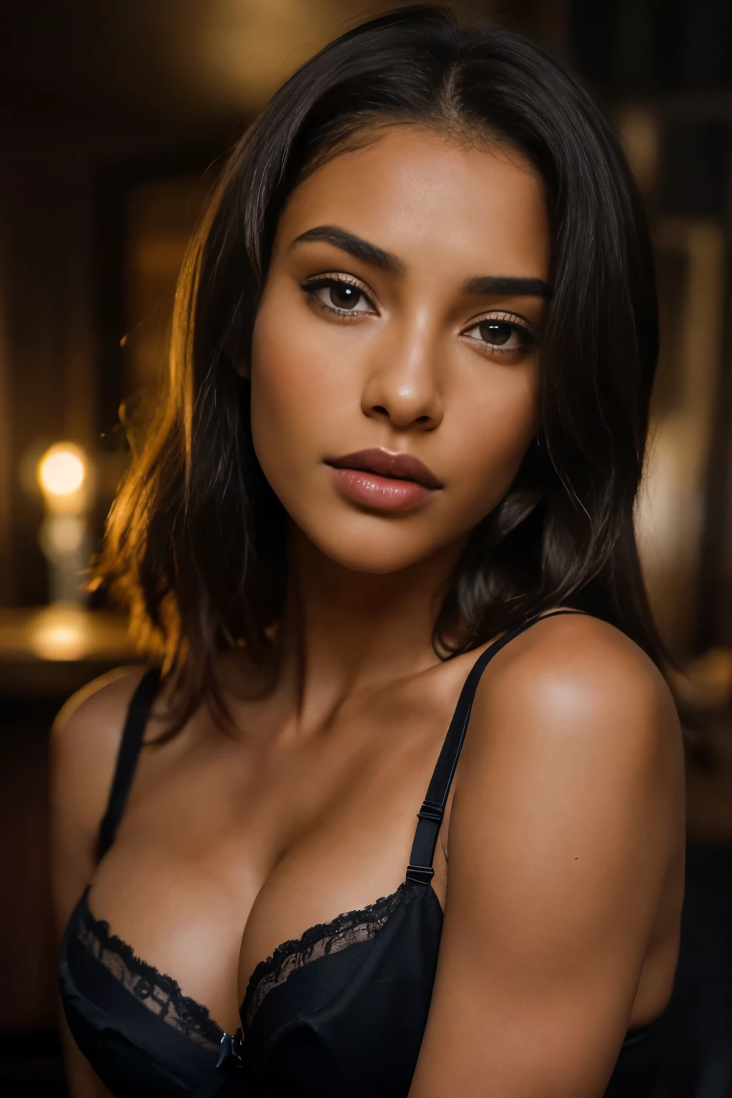 (close-up, editorial photograph of a 21 year old woman), araffed woman in a black bra top posing for a picture, violet myers, sexy girl with dark complexion, portrait sophie mudd, seductive lady, young black woman, in a black betch bra, black bra, gorgeous latina face, photo of a black woman, photo of a beautiful woman, black young woman, olive skinned, she has olive brown skin,, (highly detailed face:1.4) (smile:0.7) (background inside dark, moody, private study:1.3) POV, by lee jeffries, nikon d850, film stock photograph ,4 kodak portra 400 ,camera f1.6 lens ,rich colors ,hyper realistic ,lifelike texture, dramatic lighting , cinestill 800,