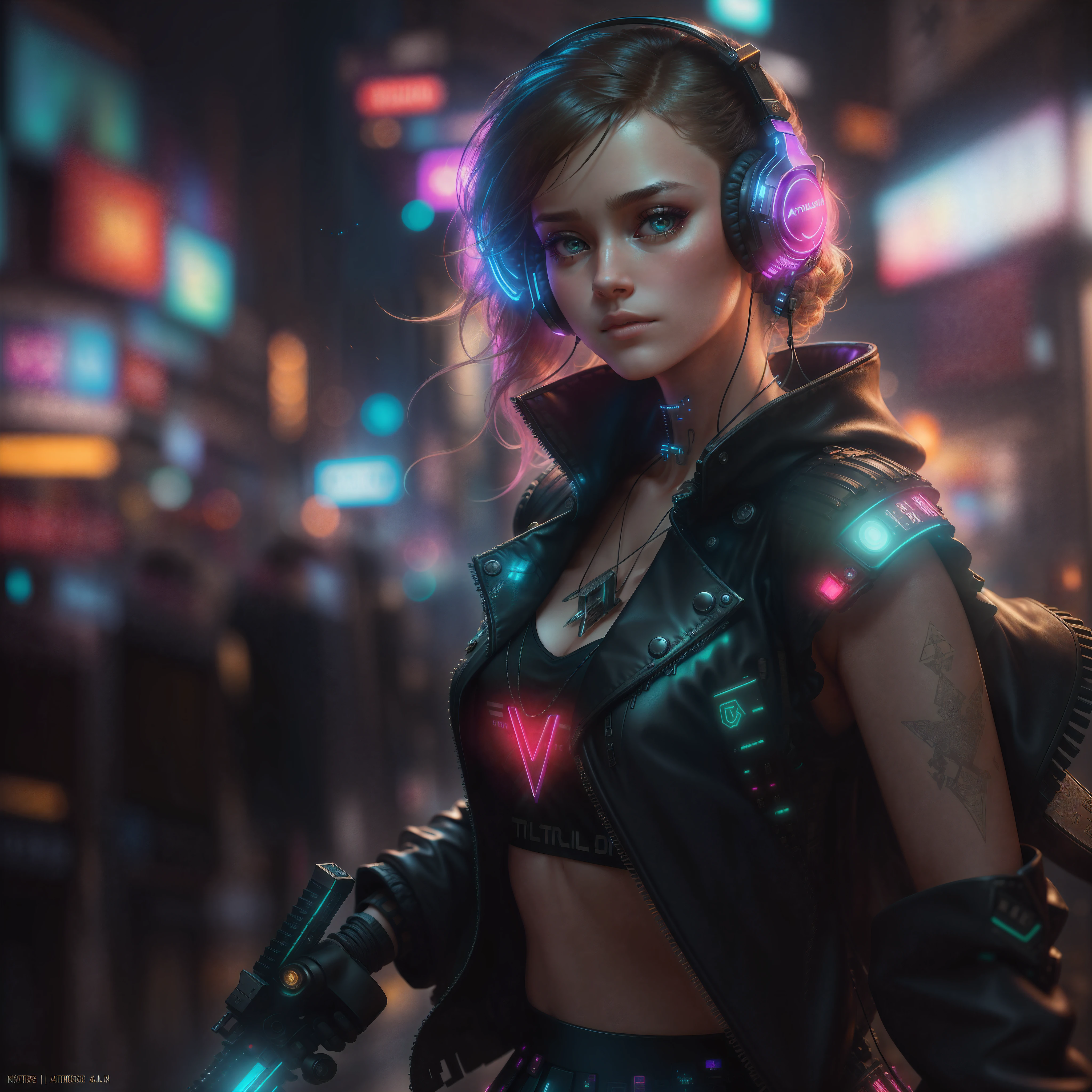 best quality, realistic, photorealistic, award-winning illustration, (intricate details:1.2), (delicate detailed), (intricate details), (cinematic light, best quality Backlights), clear line, sharp focus, official art, unity 8k wallpaper, absurdres, incredibly absurdres, huge filesize, ultra- (in_main_street:1.21), (neon lamp),fantasy art, rtx,((award winning studio closeup photo of a triangle)), 1girl,Incredibly beautiful,(closed mouth),small breasts,((Cyberpunk city Street, Battle Maiden,Katana, robot arm)),beautiful detailed eyes,Perfect Face,(Cyberpunk blouse, leather jacket, Martin boots),(headphones_around_neck),(headphones_around_hair),((pleated skirt)), ((Supermodel Pose)),