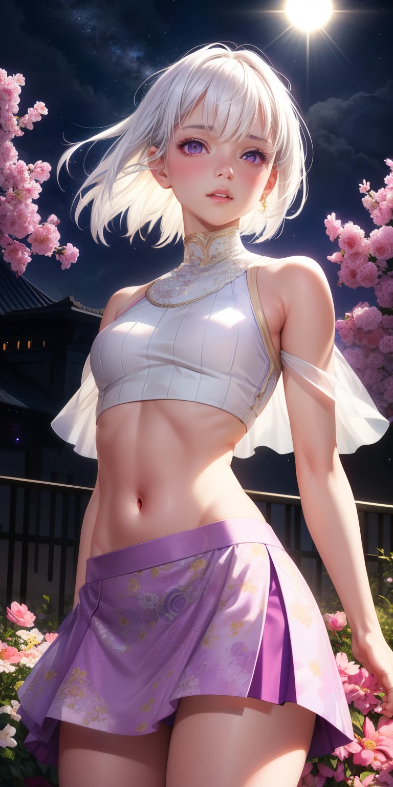 realistic, 1girl, white hair, purple eyes, glowing eyes, crop top, skirt, parted lips, blush, night, flowers, sun, sunlight,