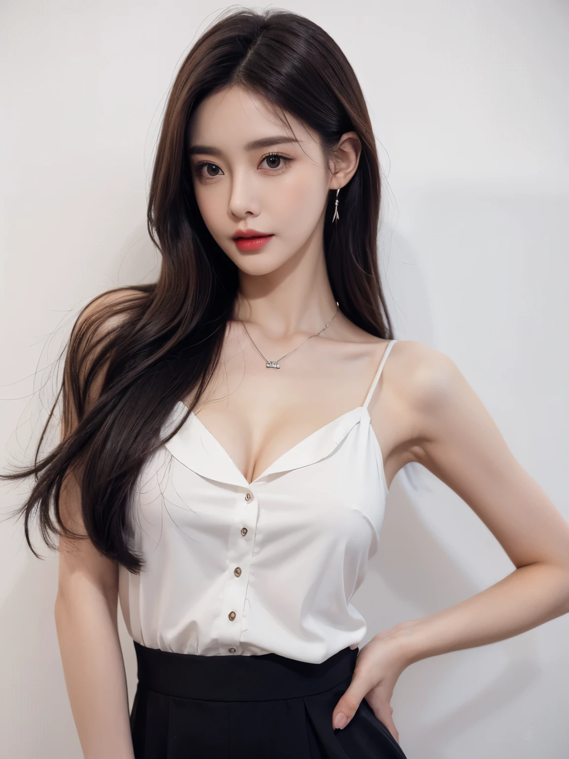 lifelike,high resolution：1.3）， A slim girl， The face shape and eyes are super delicate,black hair,red glossy lips, (best quality), (Super detailed), (Extremely detailed CG unified 8k wallpaper),(White background),(A little cleavage),sexy look,big eyes,(standing),Eyes look at the audience,Teardrop-shaped breasts,soft breasts,very realistic breasts,The character is centered,Wearing pendant, BLACK button up shirt,Black skirt,