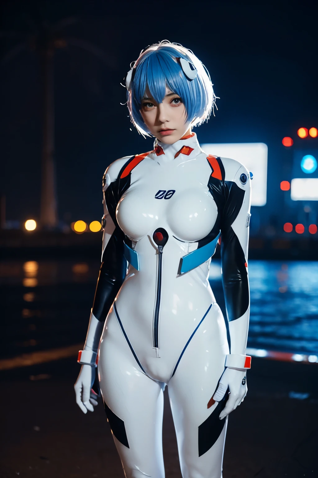 girl, blue short hair, cosplay as rei ayanami, wearing blue and white plugsuit, futuristic cyberpunk tokyo at night, city light, neon lights, 8k, sad looking face, bandage on right eye