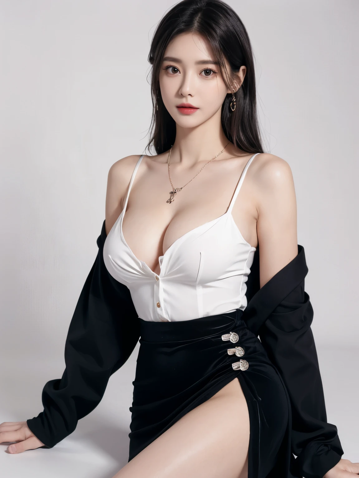 lifelike,high resolution:1.3), A slim girl, The face shape and eyes are super delicate,black hair,red glossy lips, (best quality), (Super detailed), (Extremely detailed CG unified 8k wallpaper),(White background),(A little cleavage),sexy look,big eyes,(standing),Eyes look at the audience,Teardrop-shaped breasts,soft breasts,very realistic breasts,The character is centered,Wearing pendant, BLACK button up shirt,Black skirt,