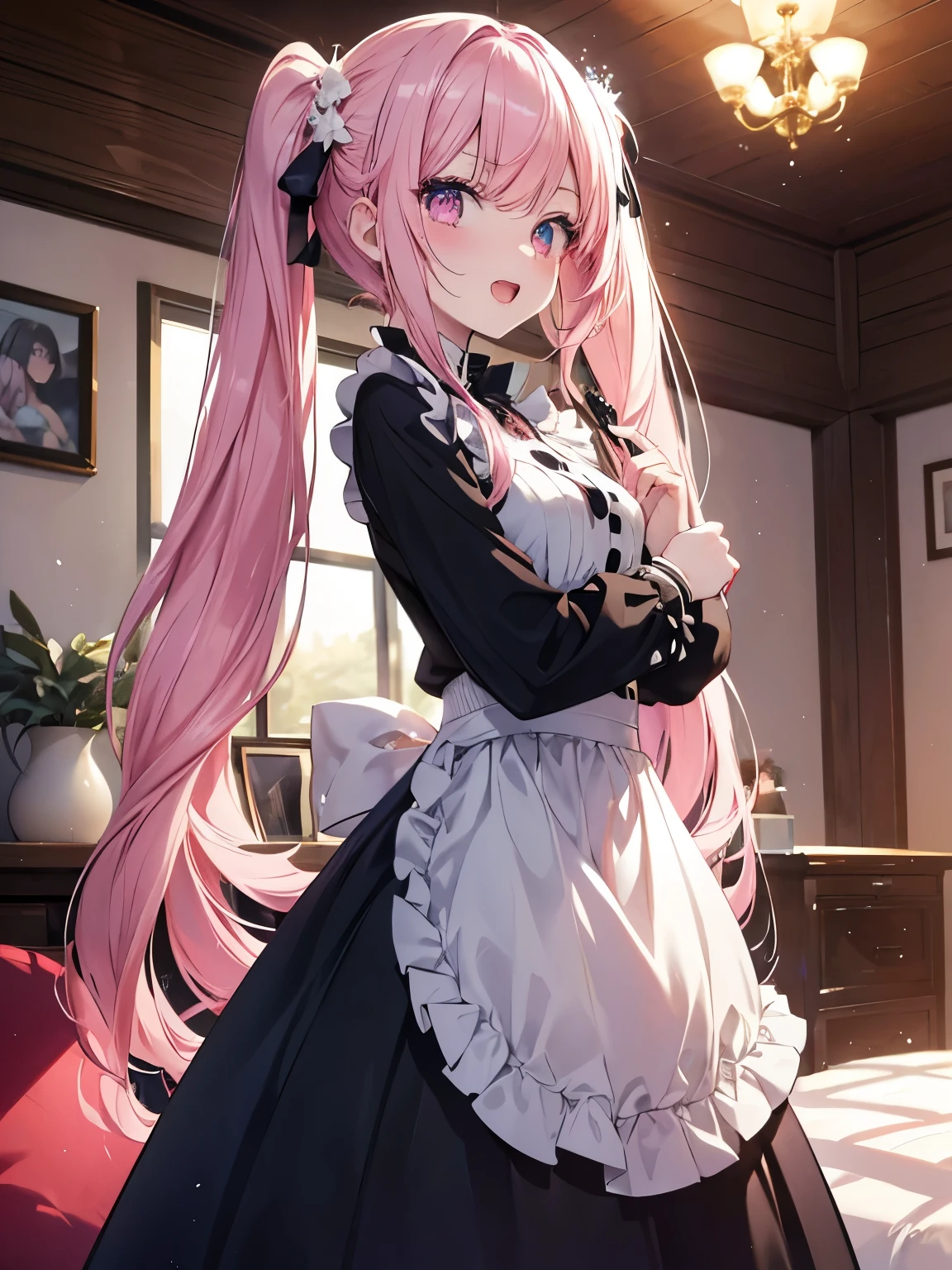 masutepiece, Highest Quality, (Perfect face:1.1), (high detailing:1.1), (ultradetailed eyes), Dramatic, superfine illustration, Extremely detailed,1girl in, ager,(pale skin), Happy, Laugh, Enjoy,Open mouth,gloweyes,pinkhair, (long twintail),Ethereal eyes, pink eye,blush, Solo,Pouty lips,Cinematic lighting,looking for viewer, cowboy shot,Long sleeve,ball gown,morning,sunny,indoor,living room,dynamic pose,snow,winter