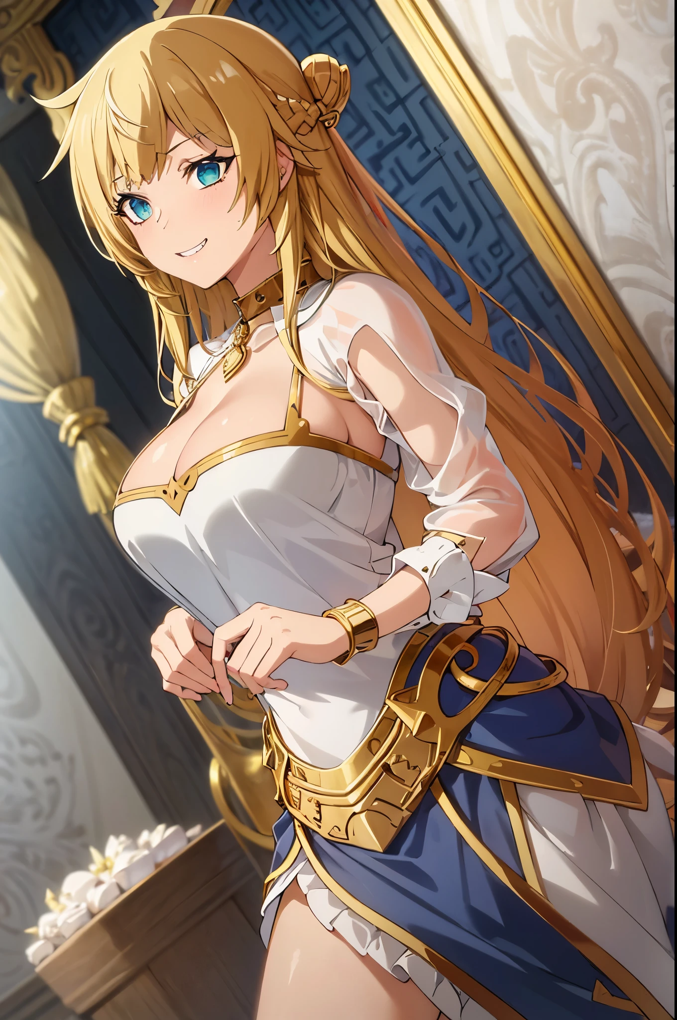 (masterpiece, best quality), intricate details,, 1girl, Gura, blonde hair, blue eyes, shark hair ornament, gold hair ornament, gold choker, gold bracelet, sharp teeth, grin, blue hoodie,, greek clothes, peplos,
