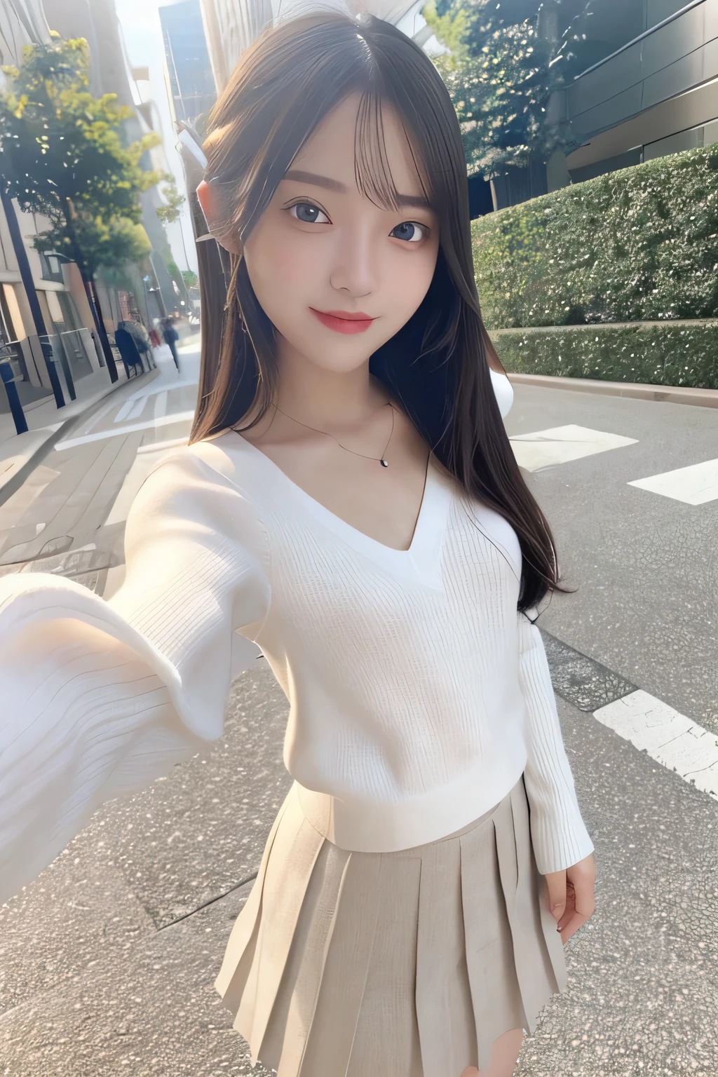 pieces fly、masterpiece、highest quality、Super detailed、High resolution、High resolution、8K portrait、unity 8k wallpaper、Detailed CG、unity 8k wallpaper、Detailed CGユニティ8kの壁紙、realistic、real person、portrait photography、shiny skin、(30 years old)、High resolution、beautiful clear eyes、very detailed explanation、delicate face、nice lips、thin waist、thin legs、1 girl、(white fitted knit sweater:1.2)、(pleated skirt:1.2)、(flat chest:1.4)、((Self snap:1.4))、(smile:1.2)、(Walking trail:1.2)