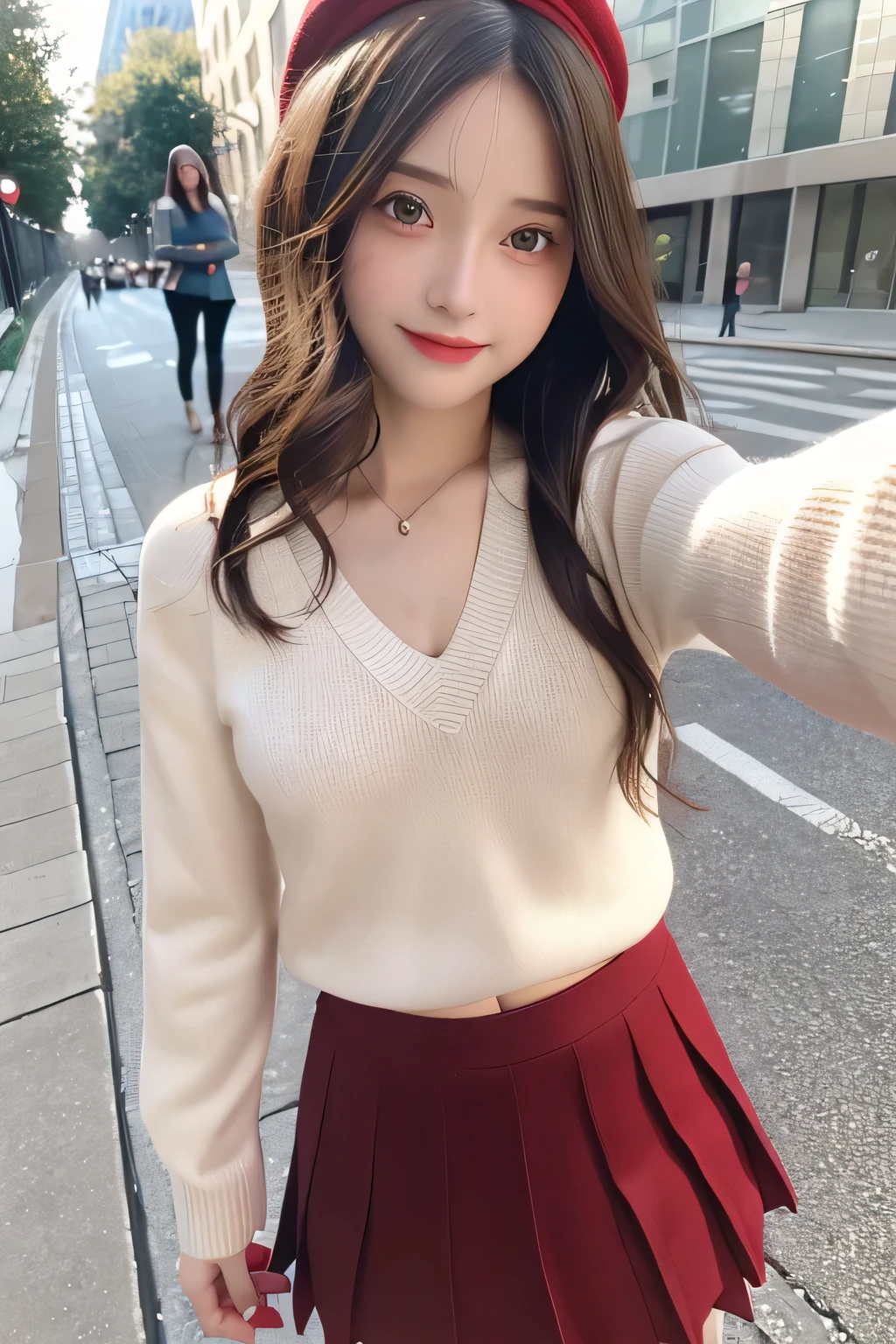 pieces fly、masterpiece、highest quality、Super detailed、High resolution、High resolution、8K portrait、unity 8k wallpaper、Detailed CG、unity 8k wallpaper、Detailed CGユニティ8kの壁紙、realistic、real person、portrait photography、shiny skin、(30 years old)、High resolution、beautiful clear eyes、very detailed explanation、delicate face、nice lips、thin waist、thin legs、1 girl、(red fitted knit sweater:1.2)、(pleated skirt:1.2)、(flat chest:1.4)、((Self snap:1.4))、(smile:1.2)、(Walking trail:1.2)、(wavy hair:1.2)