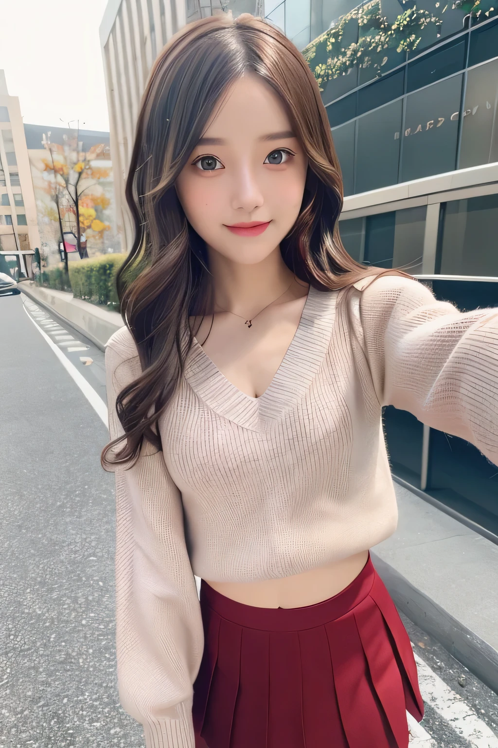 pieces fly、masterpiece、highest quality、Super detailed、High resolution、High resolution、8K portrait、unity 8k wallpaper、Detailed CG、unity 8k wallpaper、Detailed CGユニティ8kの壁紙、realistic、real person、portrait photography、shiny skin、(30 years old)、High resolution、beautiful clear eyes、very detailed explanation、delicate face、nice lips、thin waist、thin legs、1 girl、(red fitted knit sweater:1.2)、(pleated skirt:1.2)、(flat chest:1.4)、((Self snap:1.4))、(smile:1.2)、(Walking trail:1.2)、(wavy hair:1.2)
