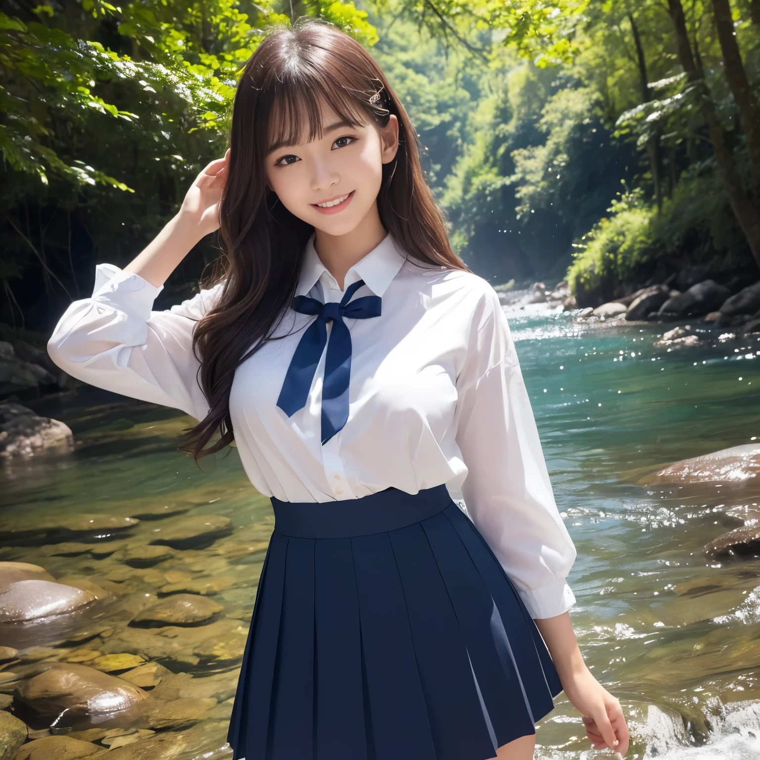 (masterpiece、highest quality、ultra high resolution、8K)、1 very cute 16 year old girl、(Perfect composition where the girl fits neatly into the frame:1.1)、thin waist、naive girl、perfect anatomy、wavy hair、(Big breasts that are about to burst:1.2)、emphasize the bust line、(high school white shirt、navy pleated skirt、Uniform ribbon that fits perfectly on the chest)、(Beautifully shining fair skin:1.2)、Brown glittery hair、valley in the forest、Beautiful river in a mysterious forest、The most fun way to play in the river、(The clearest and most beautiful river water:1.1)、waterfall in the background、Surrounded by the most magnificent nature、mystery of nature、the most detailed and beautiful river、Colors of Youth、feelings of love、(Fair skin that shines in the light:1.1)、(Beautiful white skin with super high detail:1.1)、A shy smile looked at me、(Beautiful teeth that shine white:1.1)、私を見るhappiestな笑顔、very bright and refreshing、cool summer atmosphere、Refreshing summer、Are standing、In a fantastic forest、(Moody and romantic portrait photo:1.2)、happiest