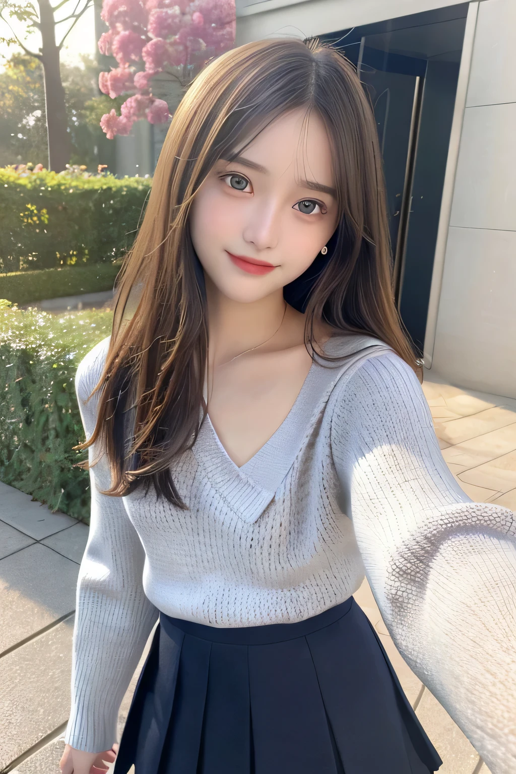 pieces fly、masterpiece、highest quality、Super detailed、High resolution、High resolution、8K portrait、unity 8k wallpaper、Detailed CG、unity 8k wallpaper、Detailed CGユニティ8kの壁紙、realistic、real person、portrait photography、shiny skin、()、(cute:1.2)、High resolution、beautiful clear eyes、very detailed explanation、delicate face、nice lips、thin waist、thin legs、1 girl、(Navy Knit Sweater:1.2)、(pleated skirt:1.2)、(flat chest:1.4)、((Self snap:1.4))、(smile:1.2)、(garden:1.2)