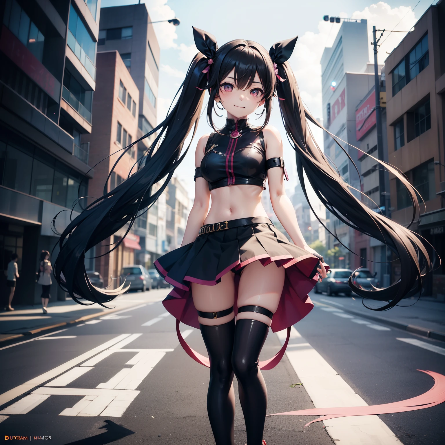long hair with pink twin tails,,,、Black Skin Jean、black mini skirt、Full body Esbian、cute smile、Urban streetscape、solo、Chi, 詳細なdigital anime art, digital anime art, cute detailed digital art, anime fantasy illustration, プレミアムdigital anime art, anime style digital art, anime style 4k, beautiful anime portrait, digital anime illustration, 2.5D CGI Anime Fantasy Artwork, anime art wallpaper 4k