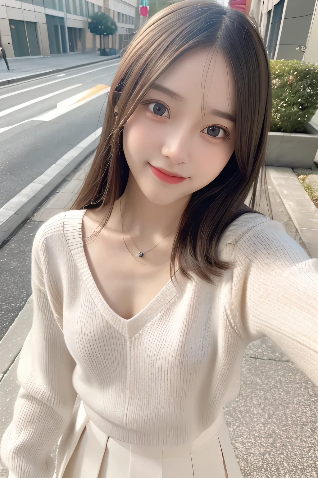 pieces fly、masterpiece、highest quality、Super detailed、High resolution、High resolution、8K portrait、unity 8k wallpaper、Detailed CG、unity 8k wallpaper、Detailed CGユニティ8kの壁紙、realistic、real person、portrait photography、shiny skin、(30 years old)、High resolution、beautiful clear eyes、very detailed explanation、delicate face、nice lips、thin waist、thin legs、1 girl、(white fitted knit sweater:1.2)、(pleated skirt:1.2)、(flat chest:1.4)、((Self snap:1.4))、(smile:1.2)、(Walking trail:1.2)
