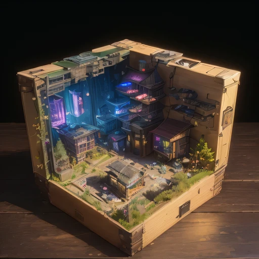 small realistic model, (bifurcation, original photo, best quality, masterpiece:1.4),SteampunkCyberpunk6920 City,(Cyberpunk light:1.3), Mards,horizon (related to land),(in a small nature box:1.3),Isometric, small nature, landscape on foundation,landscape,
