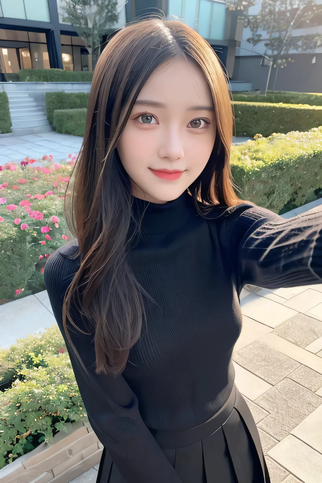 pieces fly、masterpiece、highest quality、Super detailed、High resolution、High resolution、8K portrait、unity 8k wallpaper、Detailed CG、unity 8k wallpaper、Detailed CGユニティ8kの壁紙、realistic、real person、portrait photography、shiny skin、(26 years old)、High resolution、beautiful clear eyes、very detailed explanation、delicate face、nice lips、thin waist、thin legs、1 girl、(Black Turtleneck Knit Sweater:1.2)、(pleated skirt:1.2)、(flat chest:1.4)、((Self snap:1.4))、(smile:1.2)、(garden:1.2)