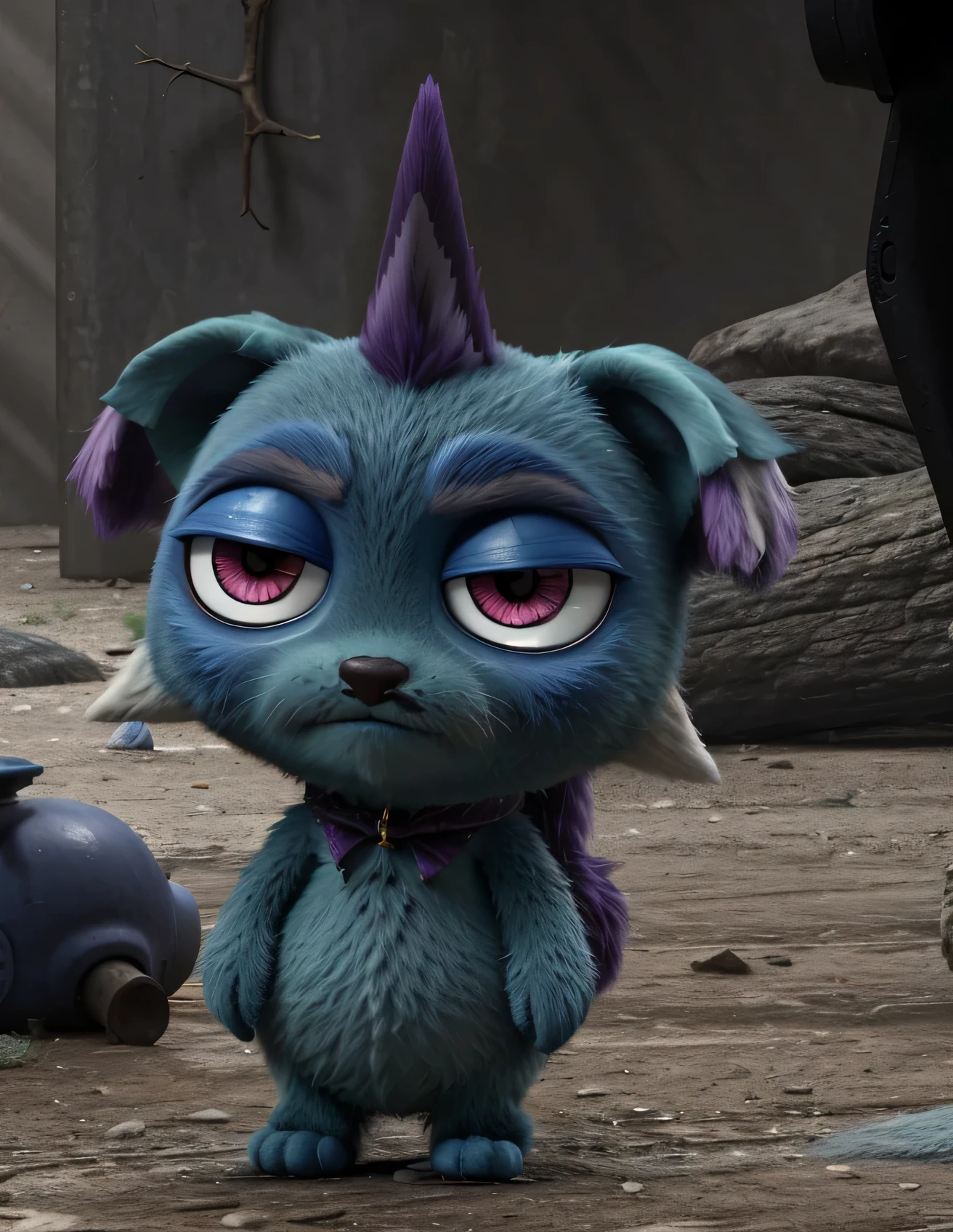 depressed , blue fur, purple mohawk, bored eyes, detailed fur, ears down with tips in purple, sad expression, light purple eyes, very bored ,sad face, bored mouth, full of saddness, sad, depression, dead inside, unhappy, dreary, joyless, melancholy:1.6, somber, doleful, moody, mirthless, piteous, tristful, mopish