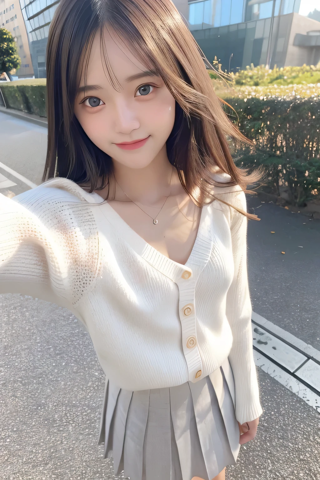 pieces fly、masterpiece、highest quality、Super detailed、High resolution、High resolution、8K portrait、unity 8k wallpaper、Detailed CG、unity 8k wallpaper、Detailed CGユニティ8kの壁紙、realistic、real person、portrait photography、shiny skin、(30 years old)、High resolution、beautiful clear eyes、very detailed explanation、delicate face、nice lips、thin waist、thin legs、1 girl、(white fitted knit sweater:1.2)、(pleated skirt:1.2)、(flat chest:1.4)、((Self snap:1.4))、(smile:1.2)、(Walking trail:1.2)
