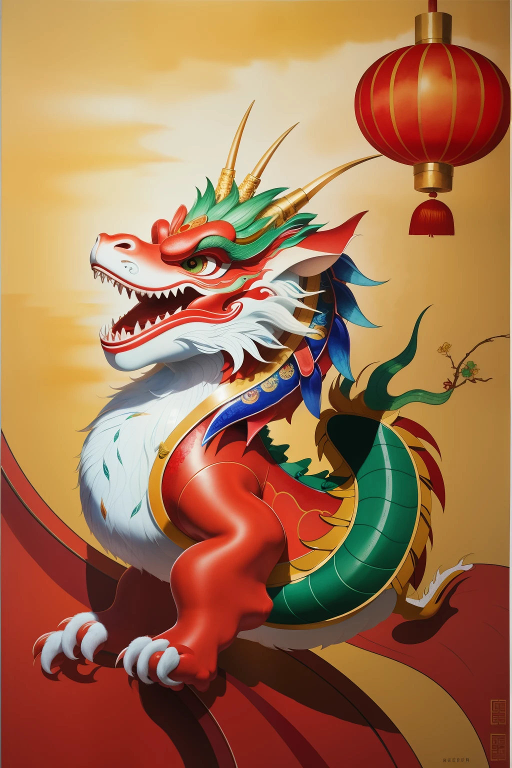 A very cute Chinese dragon comes to life in this intricately detailed watercolor painting, captured in the lively atmosphere of Chinese New Year. With its head in a close-up position, the dragon's expressive features show playfulness and charm. The multi-color palette used brings vibrancy and energy to the artwork, reflecting the festive spirit of the occasion. This beautiful and aesthetic creation showcases the best of traditional Chinese art, with each brushstroke adding to its top-quality and official status.