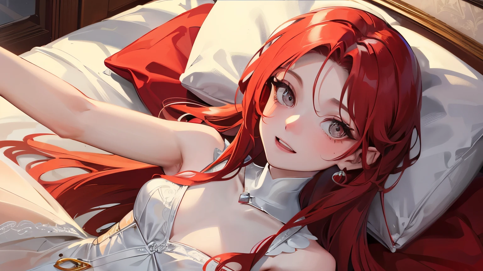 Red long hair, sunshine, masterpiece work, best quality, high resolution;,detail enhancement,best quality,perfect image quality,Beautiful and sexy, One-person viewpoint, small spots under the eyes , pretty, 큰 chest, 8K, ,chest 크게, pure white skin, chest, a lovely smile, Beloved, excitement, beautiful, gray eyes, My heart is pounding, Girlfriend, red hair, from the front, glamour, tempting, shy, innocent, lying in bed, rose petals, white blanket, fancy