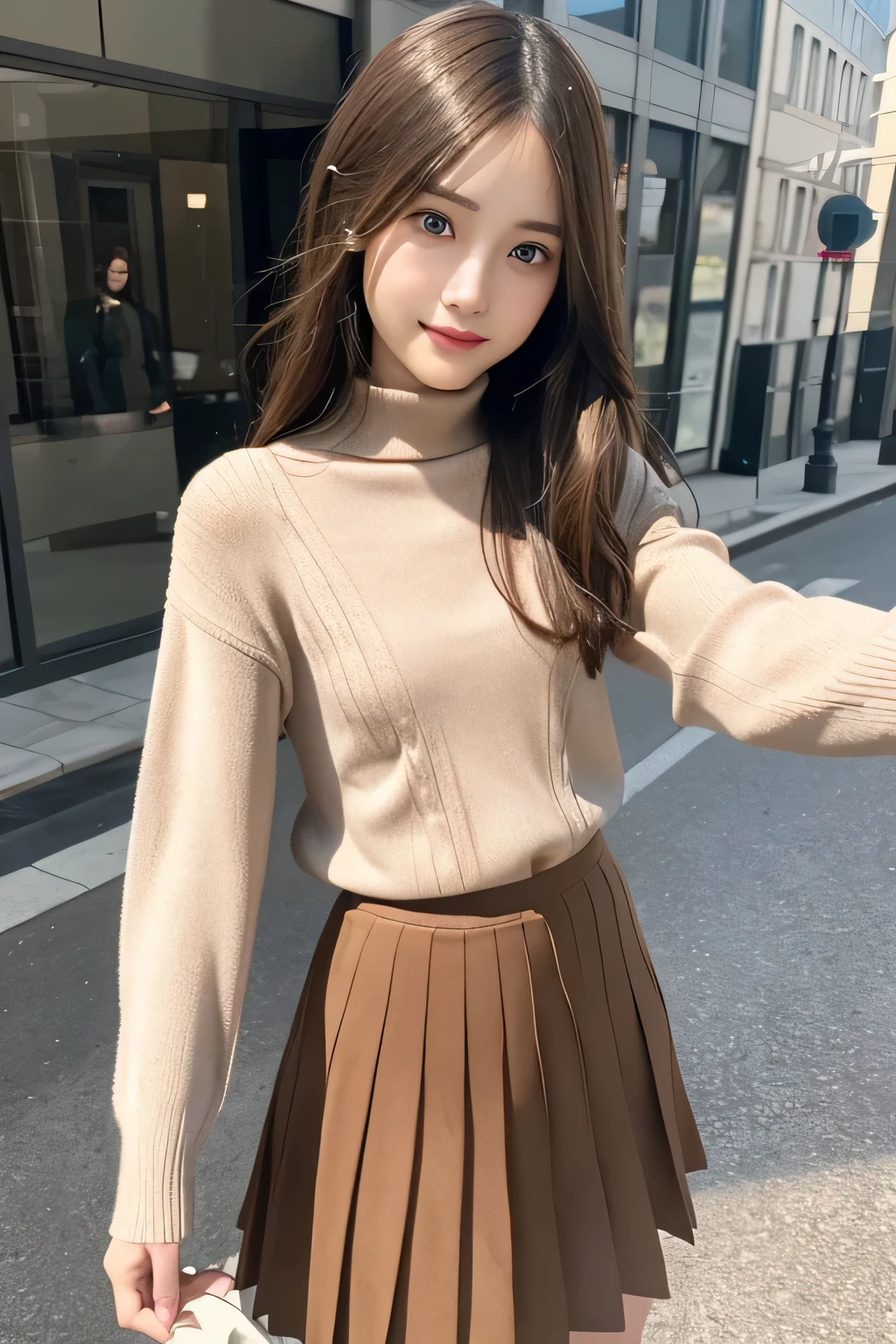 pieces fly、masterpiece、highest quality、Super detailed、High resolution、High resolution、8K portrait、unity 8k wallpaper、Detailed CG、unity 8k wallpaper、Detailed CGユニティ8kの壁紙、realistic、real person、portrait photography、shiny skin、(30 years old)、High resolution、beautiful clear eyes、very detailed explanation、delicate face、nice lips、thin waist、thin legs、1 girl、(Brown Turtleneck Knit Sweater:1.2)、(pleated skirt:1.2)、(flat chest:1.4)、((Self snap:1.4))、(smile:1.2)、(Walking trail:1.2)