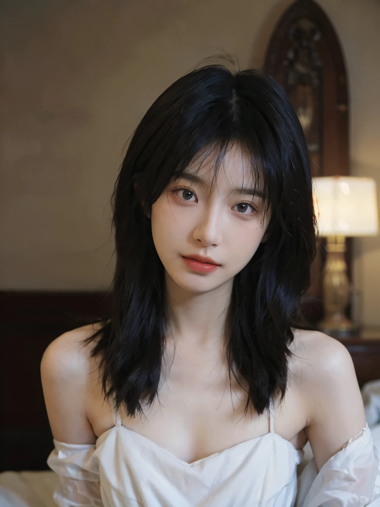 Film portrait photography, 1 girl, bare shoulders,(flat chest:1.4), Shoulder length wavy hair, white wedding dress, (Realistic and detailed eyes, natural skin texture, Realistic facial details), Soft dramatic lighting, depth of field, Bokeh, Vibrant details, Detailed and detailed, surreal, 35mm film, hazy, ,