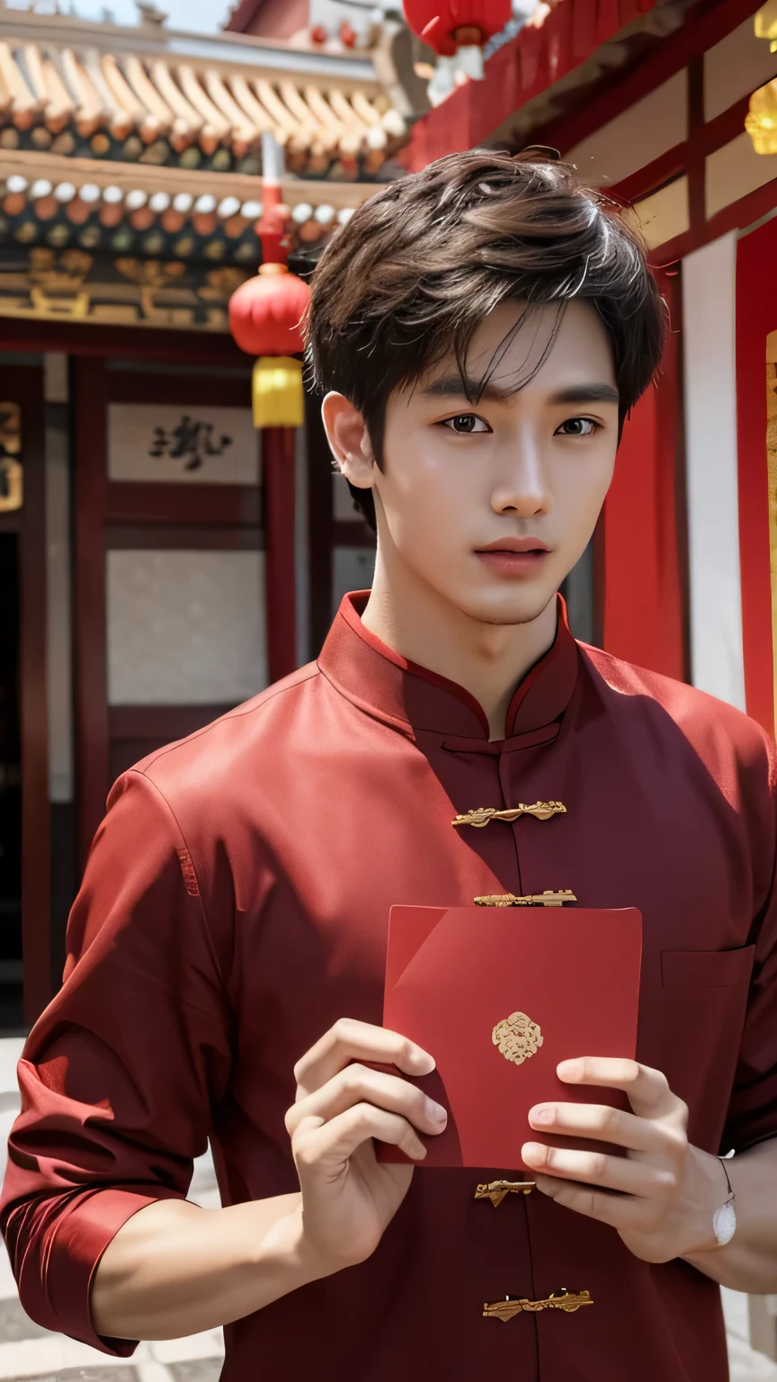 、Handsome boy、Holding New Year red envelope in hand、CNY