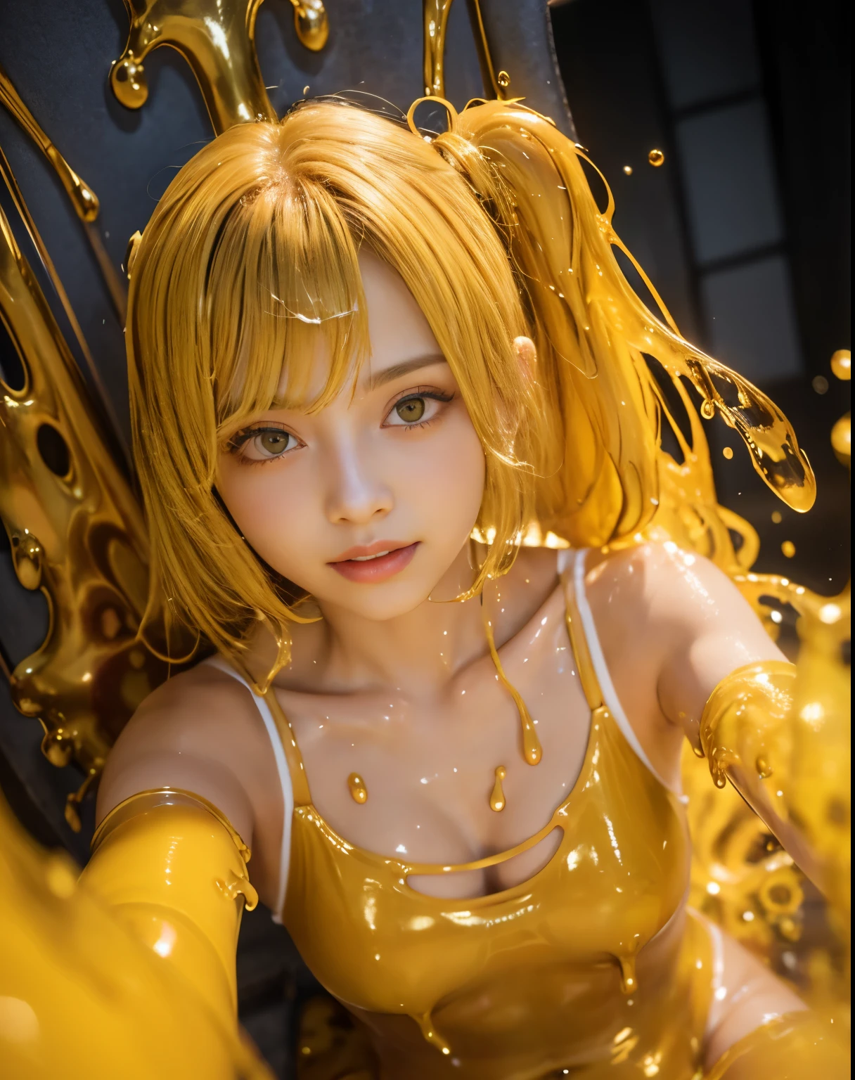 (masterpiece,best quality:1.4),(8k,raw photo,photo realistic:1.2),shiny skin,detailed skin,detailed face,detailed eyes, 1girl,looking at viewer,Japanese idol,extremely beautiful face, (smile), LiquidHair, liquid hair, Yellow ochre mucus floating around, slime girl, covered in Yellow ochre slime, (partially transparent), (Wet with water), (Yellow ochre sweat), Slimy Yellow ochre liquid dripping from her body. Her hair is also covered in Yellow ochre slime. Yellow ochre slime scatters, Yellow ochre hair, Yellow ochre eyes