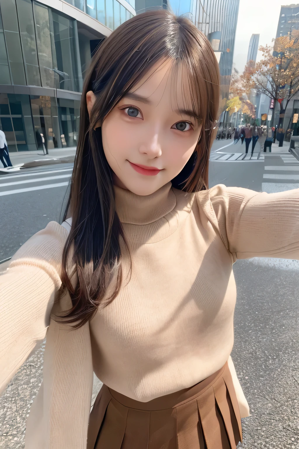 pieces fly、masterpiece、highest quality、Super detailed、High resolution、High resolution、8K portrait、unity 8k wallpaper、Detailed CG、unity 8k wallpaper、Detailed CGユニティ8kの壁紙、realistic、real person、portrait photography、shiny skin、(30 years old)、High resolution、beautiful clear eyes、very detailed explanation、delicate face、nice lips、thin waist、thin legs、1 girl、(Brown Turtleneck Knit Sweater:1.2)、(pleated skirt:1.2)、(flat chest:1.4)、((Self snap:1.4))、(smile:1.2)、(Walking trail:1.2)