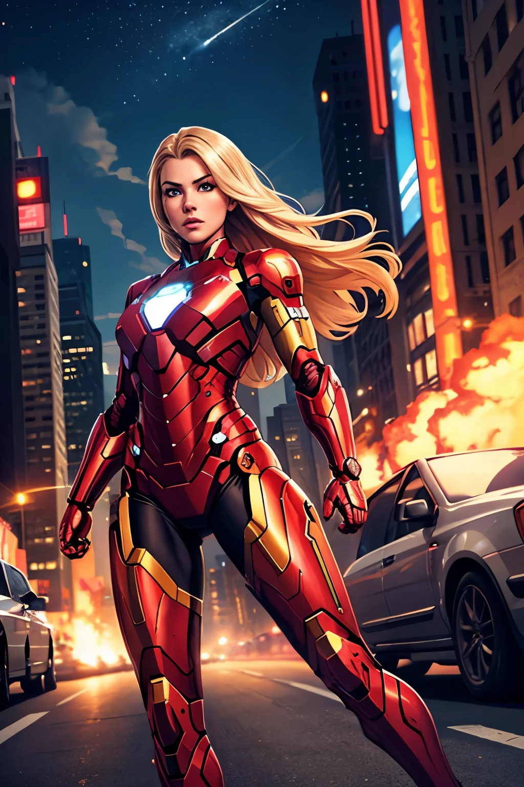 Full view, full body, a blond woman, in the yellow and red armor of Iron Man, in the street of New York, charging into battle against a horde of alien invaders in the sky, fire, guns, body visible from head to toe, emphasis on extreme details (skin pores, fabric texture, subtleties of clothing). shiny with silver light, fine face and nose, fine mouth, analog style, skin texture, film grain, Ultra High Resolution, best shadow, RAW, high detailed face, high detailed skin, high detail face, beautiful face, natural skin texture, no reflection, see the grain of its skin, high detailed face, high detailed skin, Fujifilm XT3, realistic photography, perfect face.