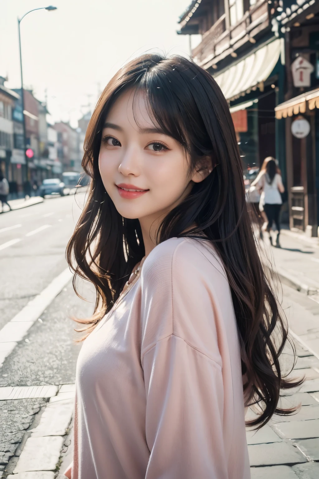 (8k, Best Quality, Masterpiece:1.2), (Realistic, Photorealistic:1.37), Ultra Detail, 1 Girl,Cute,Solo, Portrait, street photography, natural light, bokeh, Chinese beauty, long silky hair, chic and comfortable, casual clothing, Beautiful Detailed Sky,Date,(Blush),(Smile:1.15),Beautiful Detailed Eyes,(Long Hair: 1.2),Floating Hair NovaFrogStyle