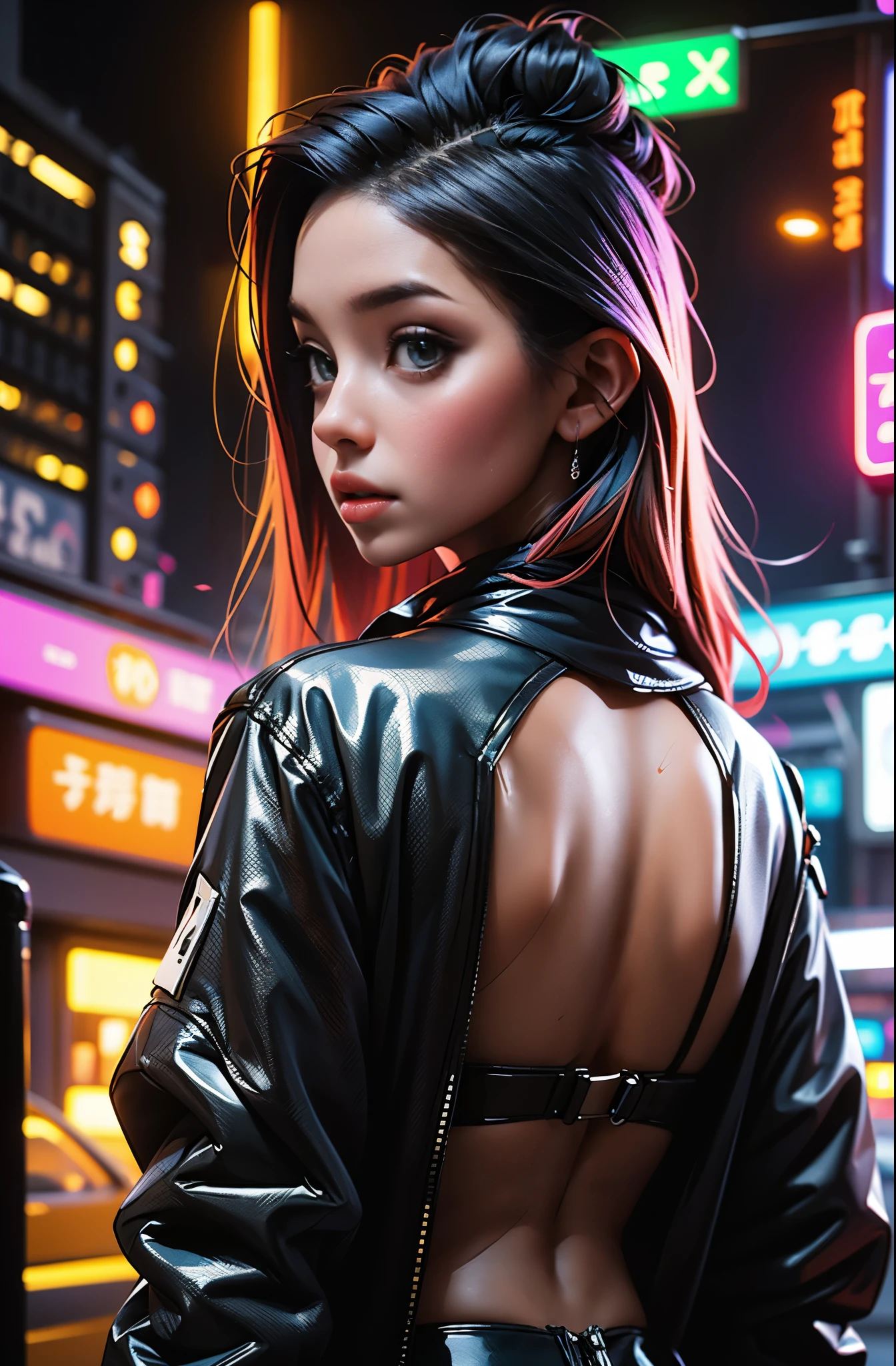 garota de costas, sem camisa, vibrant colors hair, looking behind, dragon tattoo on the back, imagem estilo cyberpunk, luzes neon, alta qualidade, ultra 8k