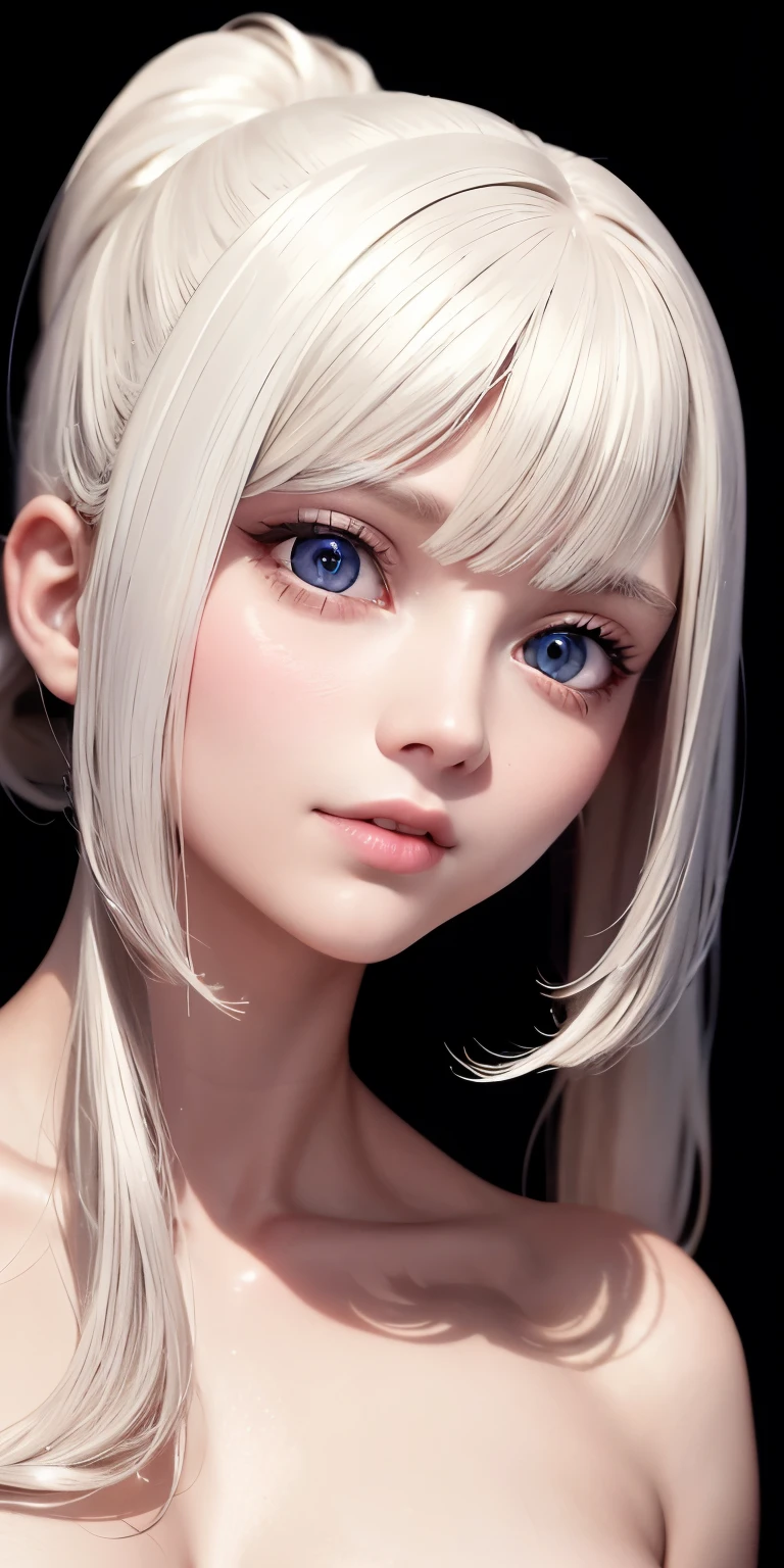 one person１８Beautiful woman of age、Moisturizing and beautiful eyes、ciri、picture、oval jaw、delicate features、beautiful expression、beautiful blonde hair、long bangs、long ponytail、Blue eyes with a beautiful glow、LDS Art,Fashion model 25 years old、[[[[Close-up]]]]、[[[[chest]]]]、[[[[head]]]]、[[[[shoulder]]]]、perfect eyes、Perfect iris、perfect lips、perfect teeth、perfect skin、soft front light、glow、HDR、(calm color 1.2)