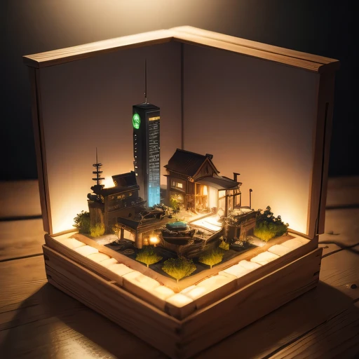 small realistic model, (bifurcation, original photo, best quality, masterpiece:1.4),SteampunkCyberpunk6920 City,(Cyberpunk light:1.3), Mards,horizon (related to land),(in a small nature box:1.3),Isometric, small nature, landscape on foundation,landscape,