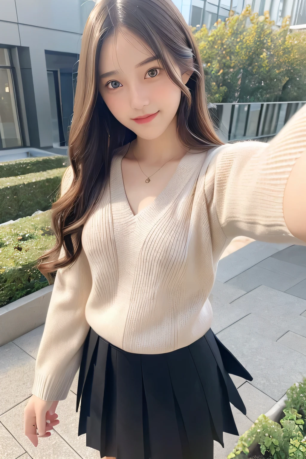 pieces fly、masterpiece、highest quality、Super detailed、High resolution、High resolution、8K portrait、unity 8k wallpaper、Detailed CG、unity 8k wallpaper、Detailed CGユニティ8kの壁紙、realistic、real person、portrait photography、shiny skin、()、(cute:1.2)、High resolution、beautiful clear eyes、very detailed explanation、delicate face、nice lips、thin waist、thin legs、1 girl、(fitted knit sweater:1.2)、(pleated skirt:1.2)、(flat chest:1.4)、((Self snap:1.4))、(smile:1.2)、(garden:1.2)、(wavy hair:1.2)