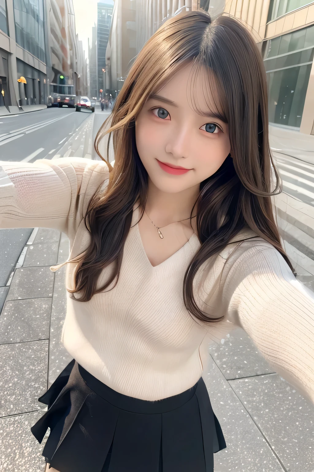 pieces fly、masterpiece、highest quality、Super detailed、High resolution、High resolution、8K portrait、unity 8k wallpaper、Detailed CG、unity 8k wallpaper、Detailed CGユニティ8kの壁紙、realistic、real person、portrait photography、shiny skin、(16 years old)、(cute:1.2)、High resolution、beautiful clear eyes、very detailed explanation、delicate face、nice lips、thin waist、thin legs、1 girl、(fitted knit sweater:1.2)、(pleated skirt:1.2)、(flat chest:1.4)、((Self snap:1.4))、(smile:1.2)、(Walking trail:1.2)、(wavy hair:1.2)