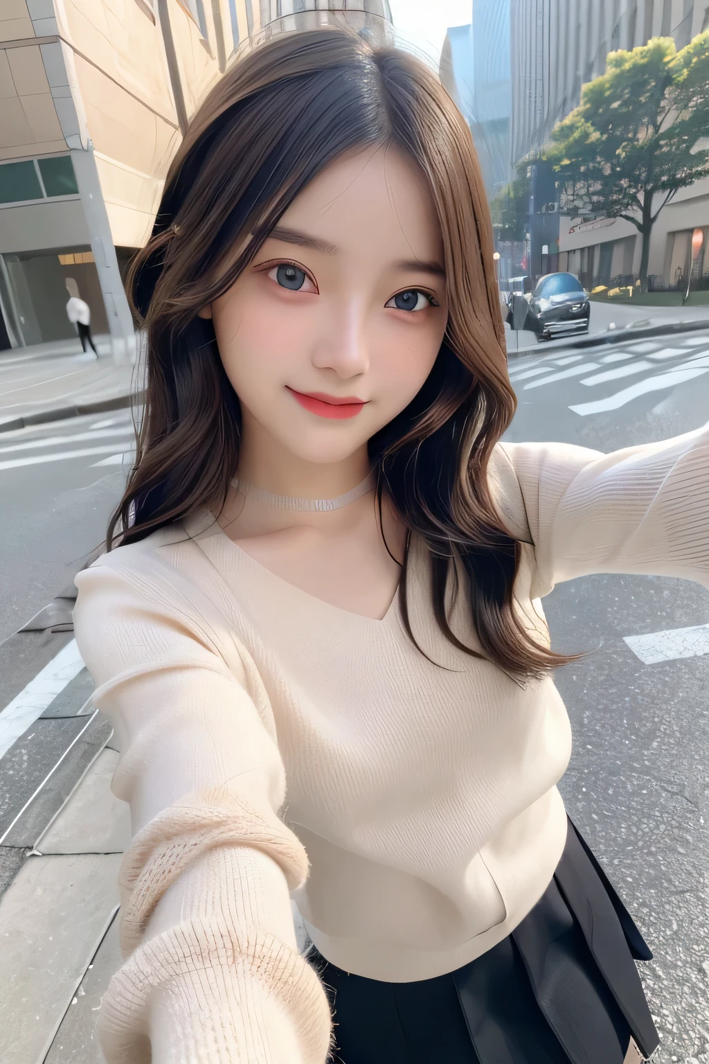 pieces fly、masterpiece、highest quality、Super detailed、High resolution、High resolution、8K portrait、unity 8k wallpaper、Detailed CG、unity 8k wallpaper、Detailed CGユニティ8kの壁紙、realistic、real person、portrait photography、shiny skin、()、(cute:1.2)、High resolution、beautiful clear eyes、very detailed explanation、delicate face、nice lips、thin waist、thin legs、1 girl、(fitted knit sweater:1.2)、(pleated skirt:1.2)、(flat chest:1.4)、((Self snap:1.4))、(smile:1.2)、(Walking trail:1.2)、(wavy hair:1.2)