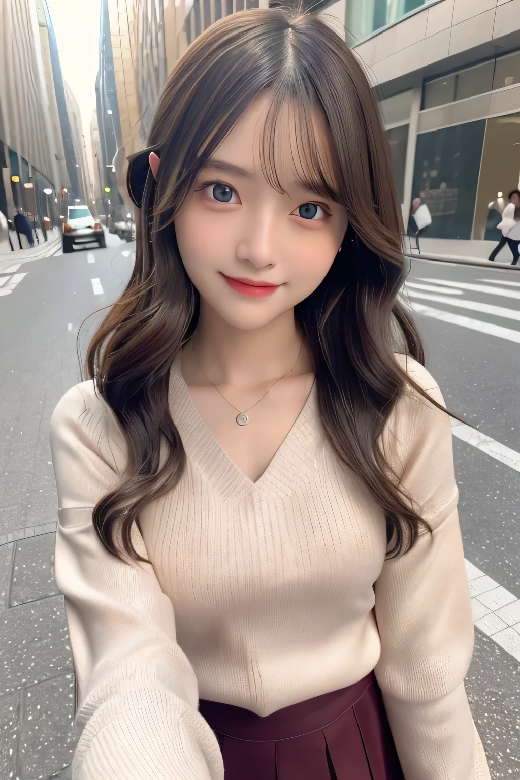 pieces fly、masterpiece、highest quality、Super detailed、High resolution、High resolution、8K portrait、unity 8k wallpaper、Detailed CG、unity 8k wallpaper、Detailed CGユニティ8kの壁紙、realistic、real person、portrait photography、shiny skin、(16 years old)、(cute:1.2)、High resolution、beautiful clear eyes、very detailed explanation、delicate face、nice lips、thin waist、thin legs、1 girl、(fitted knit sweater:1.2)、(pleated skirt:1.2)、(flat chest:1.4)、((Self snap:1.4))、(smile:1.2)、(Walking trail:1.2)、(wavy hair:1.2)