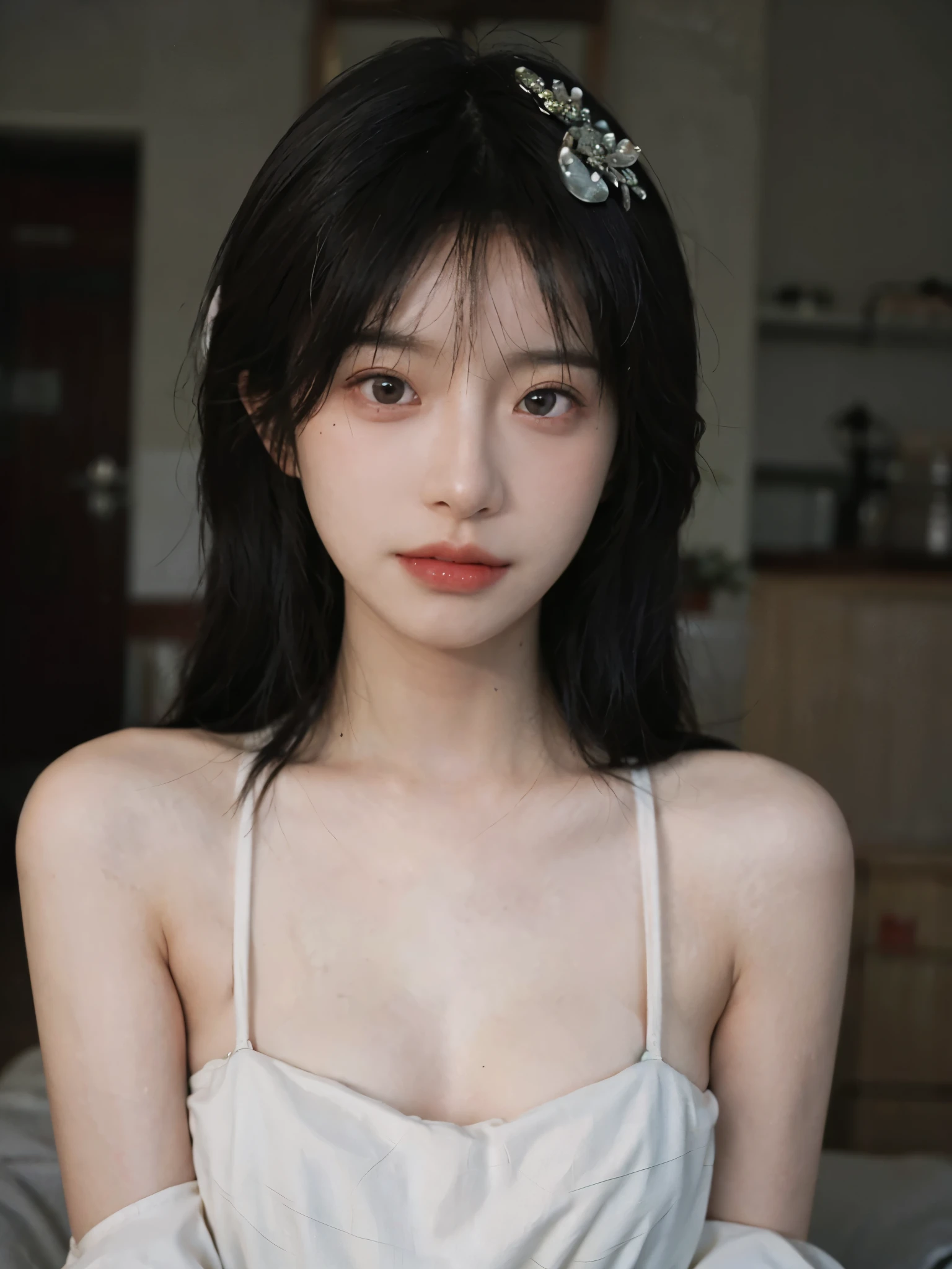 Film portrait photography, 1 girl, bare shoulders, Shoulder length wavy hair, white wedding dress， (Realistic and detailed eyes, natural skin texture, Realistic facial details), Soft dramatic lighting, depth of field, Bokeh, Vibrant details, Detailed and detailed, surreal, 35mm film, hazy, ,