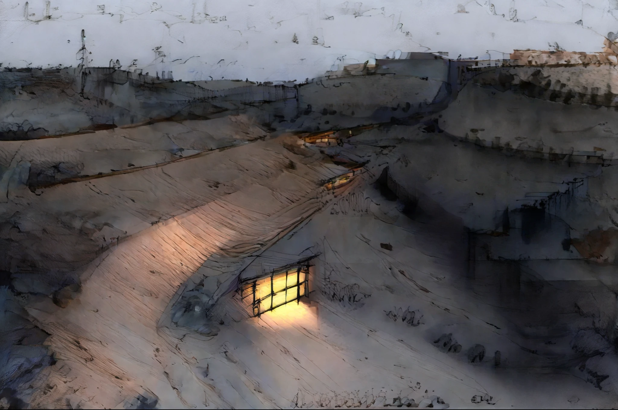 pen_sketch_style, sketch, electric train on rails going through a quarry with a steep slope, railway tracks lead from a mine, in a dusty quarry, photo taken in 2 0 2 0, mines, mining, photo taken in 2018, coal, photo of the viewer, geology