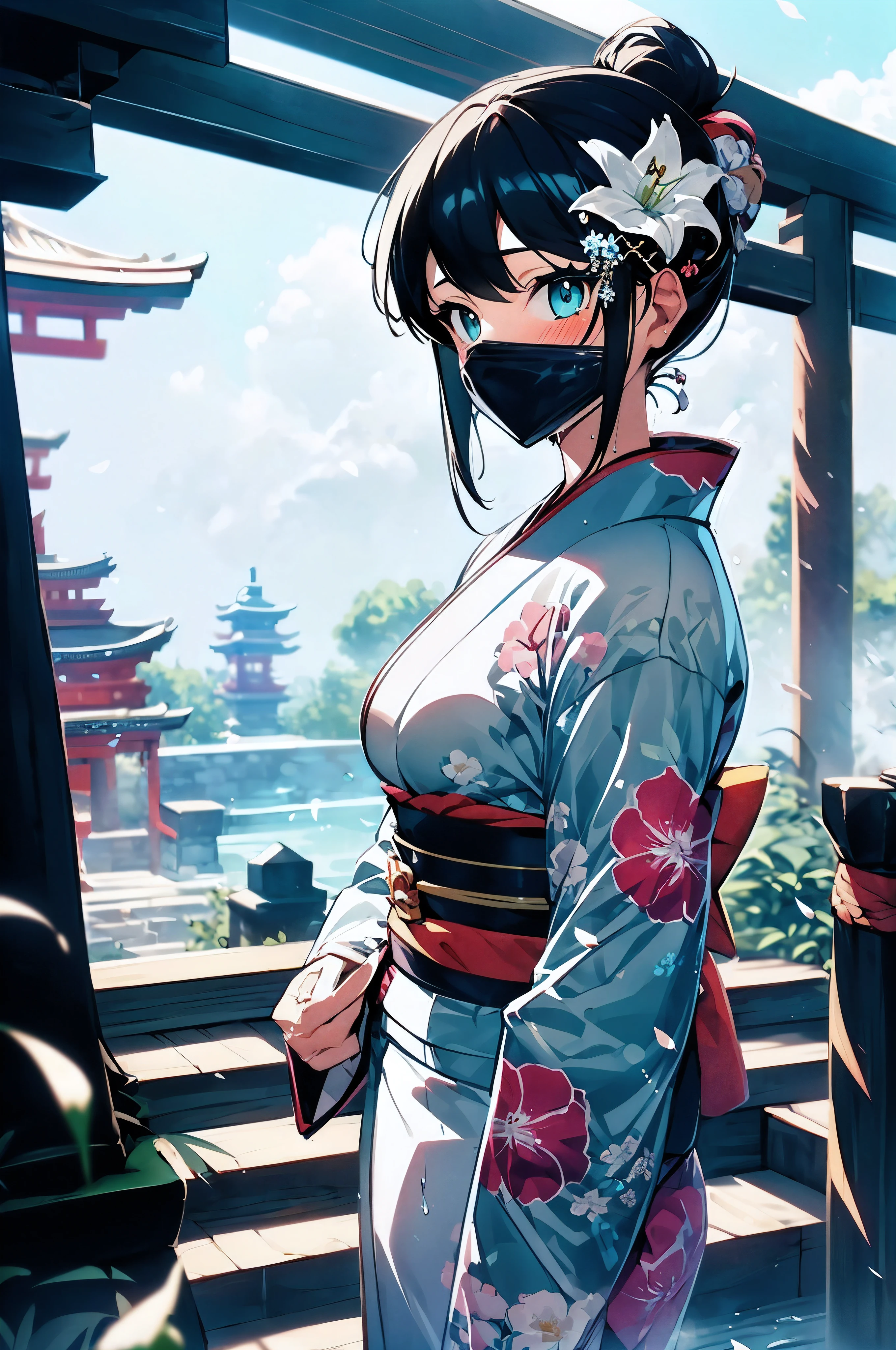 (an 8 year old girl:1.2), alone, from above, (white lily flower), aesthetic, complex, won, cybernetic enhancement, (best quality, Detailed background, misty atmosphere:1.2), (cloudy day),((穿着棉质kimono的女孩:1.2)), 棉质kimono, The best wrinkles, best shade, (Walking through the foggy Zen garden), (real location), Exquisite and beautiful eyes, casual gesture, Detailed texture, pose, (Anatomically correct body, Detailed face, (非常Detailed texturekimono) with floral pattern), (The hair is a little wet), thick hair, hair accessories, Common, kimono, Heart, outdoor, pagoda, petal, (青色kimono), sash, shrine, skyporn, stone staircase, torii, wide sleeves, yukata,cloudy, misty