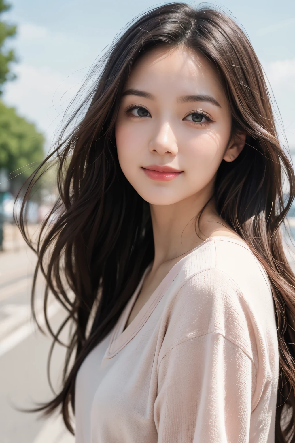 (8k, Best Quality, Masterpiece:1.2), (Realistic, Photorealistic:1.37), Ultra Detail, 1 Girl,Cute,Solo, Portrait, street photography, natural light, bokeh, Chinese beauty, long silky hair, chic and comfortable, casual clothing, Beautiful Detailed Sky,Date,(Blush),(Smile:1.15),Beautiful Detailed Eyes,(Long Hair: 1.2),Floating Hair NovaFrogStyle