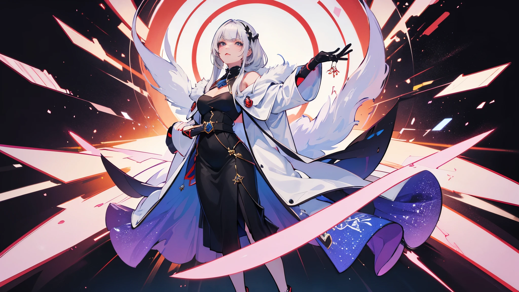 masterpiece, high definition, anime - style image of a 1girl platinum blonde haired woman in a black empress dress, elegant girl, sanctuary, mature and lady, smug face, background art, lighting, full body, heraldry spell circle, detailed, effect, office unifirm