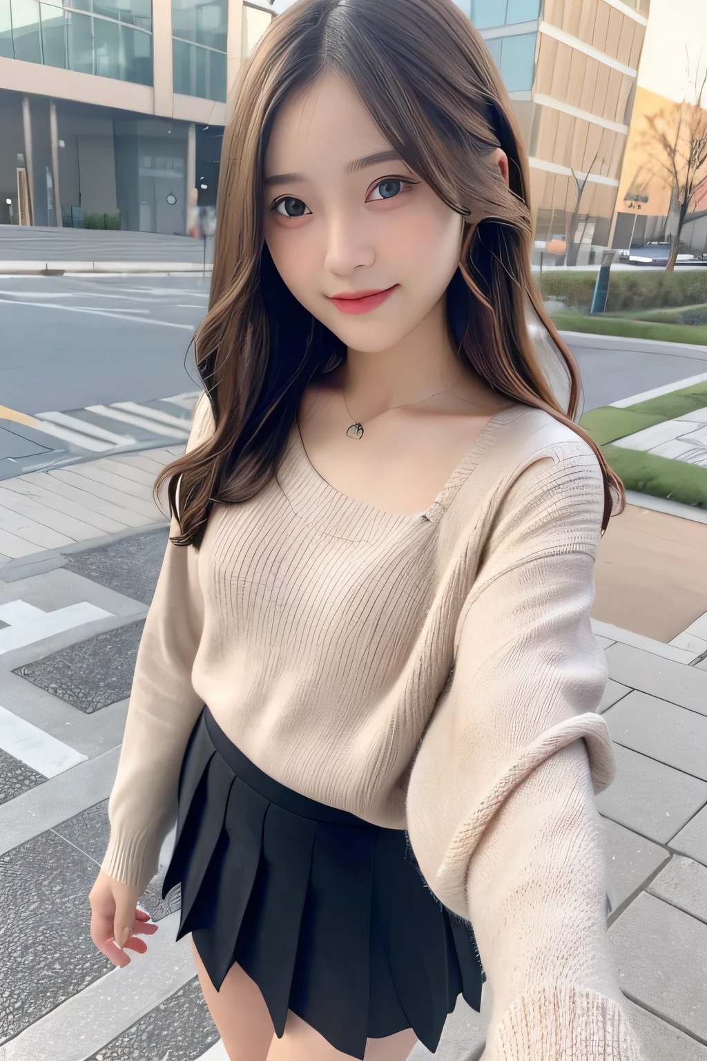 pieces fly、masterpiece、highest quality、Super detailed、High resolution、High resolution、8K portrait、unity 8k wallpaper、Detailed CG、unity 8k wallpaper、Detailed CGユニティ8kの壁紙、realistic、real person、portrait photography、shiny skin、()、(cute:1.2)、High resolution、beautiful clear eyes、very detailed explanation、delicate face、nice lips、thin waist、thin legs、1 girl、(fitted knit sweater:1.2)、(pleated skirt:1.2)、(flat chest:1.4)、((Self snap:1.4))、(smile:1.2)、(Walking trail:1.2)、(wavy hair:1.2)