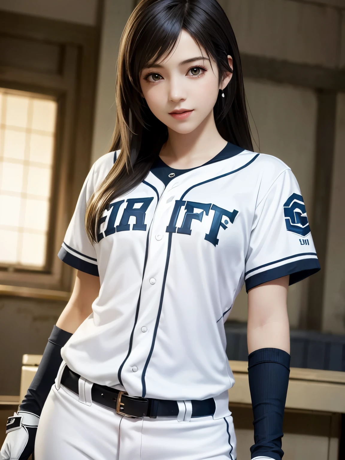 (top quality, masutepiece: 1.1), (Realistic: 1.3), BREAK (((FF7,Tifa_lockhart))),(solo,Tifa_lockhart:1.2),(Tifa_lockhart wearing a baseball uniform:1.3,oversized baseball uniform:1.5) , (her bedroom, indoor),(gravure pose:1.1),Ultra-detailed face, Detailed eyes,Red eyes, BREAK (((FF7,Tifa_lockhart))),(black brown hair, Large breasts: 1.0), BREAK (no bra),(no panties),About 18 years old,kawaii,shy:1.1,erotic smiling,evil grin,aroused