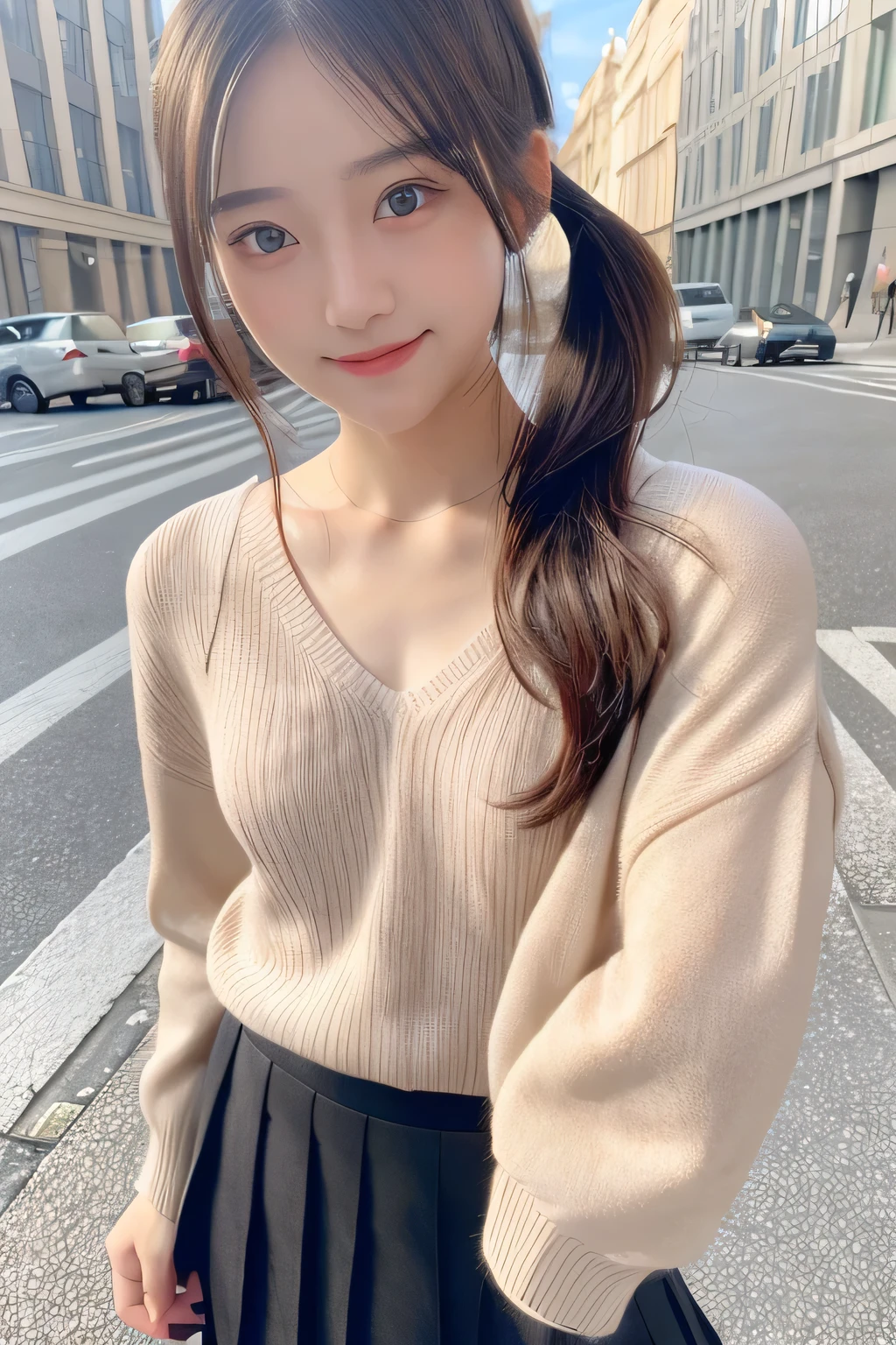 pieces fly、masterpiece、highest quality、Super detailed、High resolution、High resolution、8K portrait、unity 8k wallpaper、Detailed CG、unity 8k wallpaper、Detailed CGユニティ8kの壁紙、realistic、real person、portrait photography、shiny skin、(16 years old)、(cute:1.2)、High resolution、beautiful clear eyes、very detailed explanation、delicate face、nice lips、thin waist、thin legs、1 girl、(fitted knit sweater:1.2)、(pleated skirt:1.2)、(flat chest:1.4)、((Self snap:1.4))、(smile:1.2)、(Walking trail:1.2)、(ponytail:1.2)