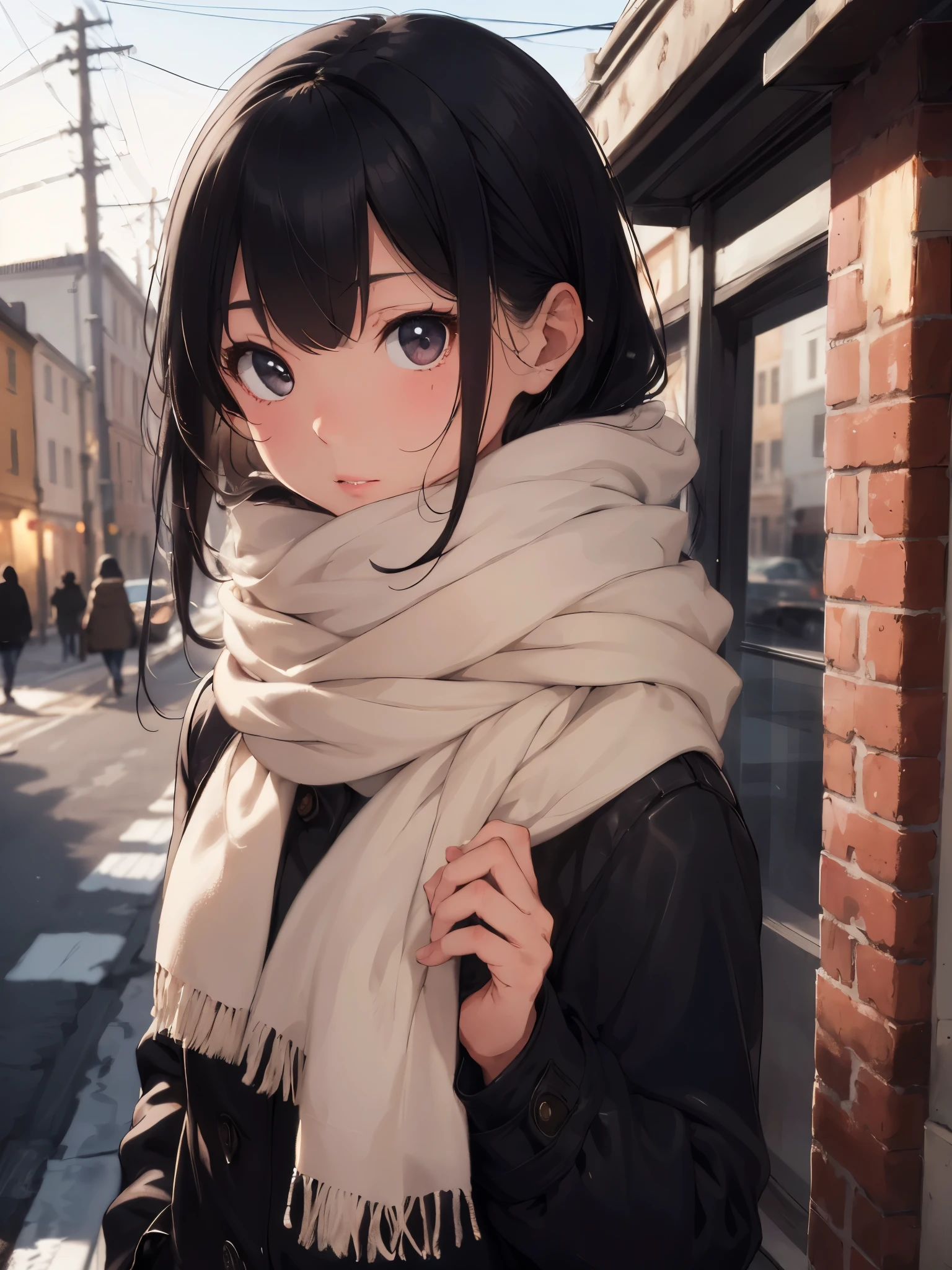 masterpiece, highest quality,1 girl, alone, black hair, scarf, have, realistic, looking at the viewer, black eye, long hair, coat, Winter clothes, white scarf, lips, bangs, outdoor, closed mouth, Upper body