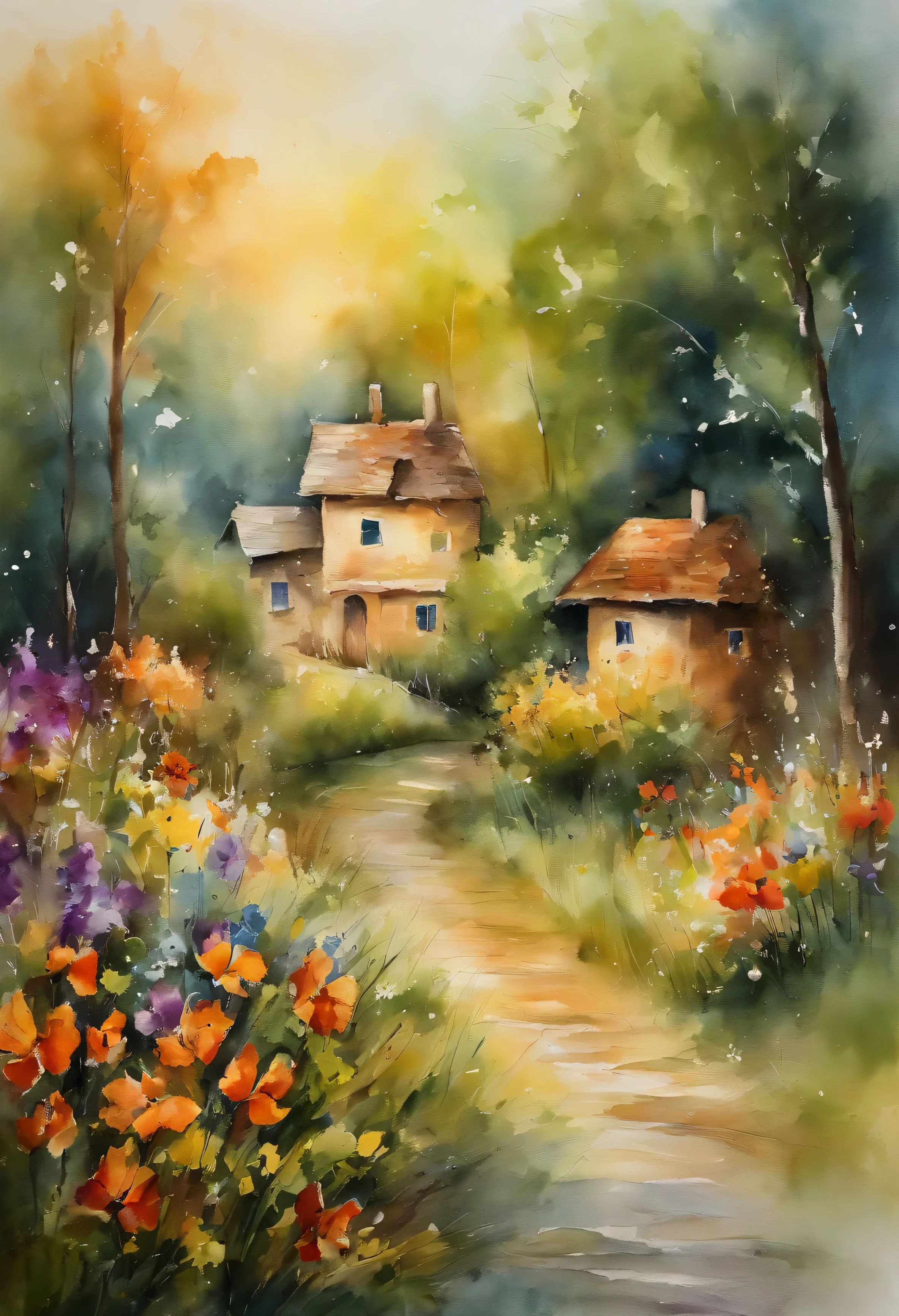 Reverse watercolor .Charming 100% Reverse watercolor painting showcasing the beauty of summer in road village with flowers, The painting is filled with fragments of butterfly wings, Scattered like colored paper on the canvas. There are hints of trees , And maybe a rose in the forest , Filled with Mary Cassatt's delicate strokes,"These elements blend together harmoniously to create an enchanting painting, Inviting the viewer to immerse themselves .
